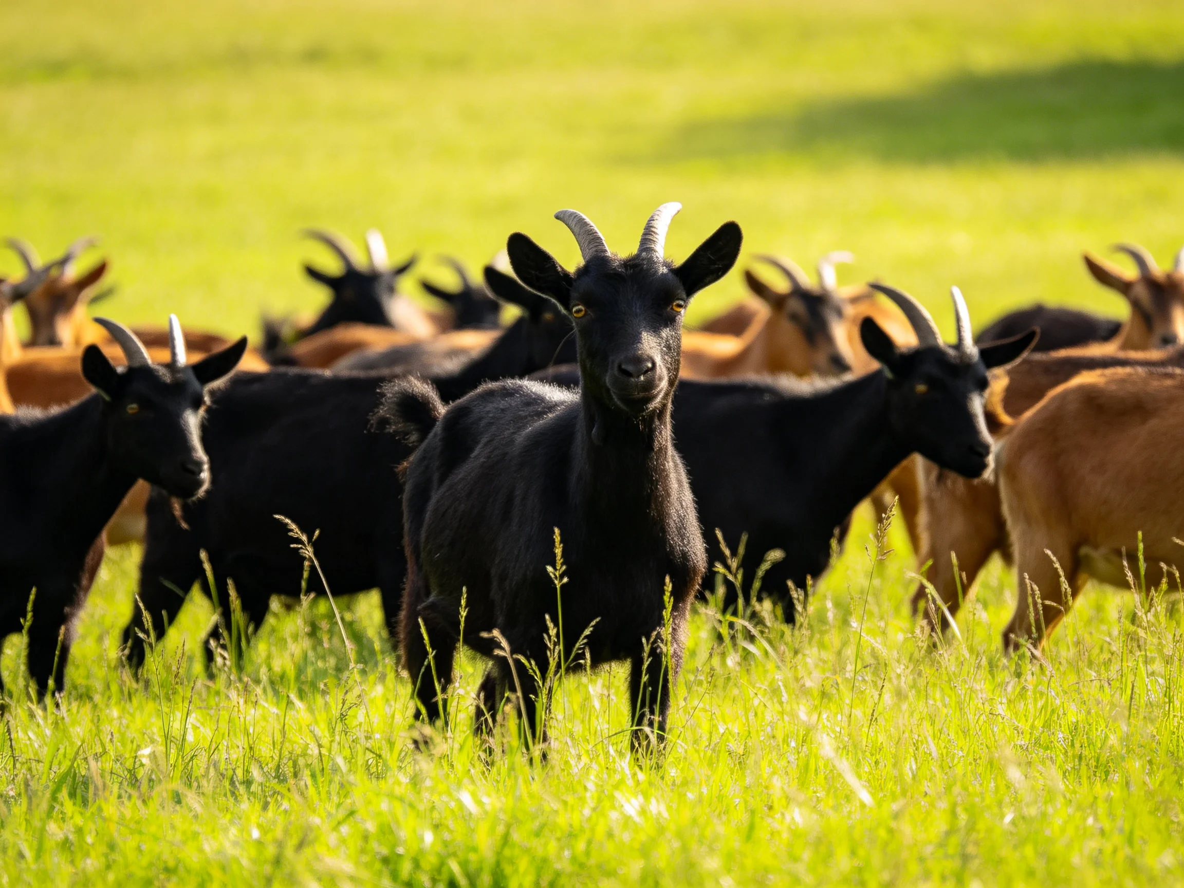 A herd of black and brown goats in a sunlit green pasture