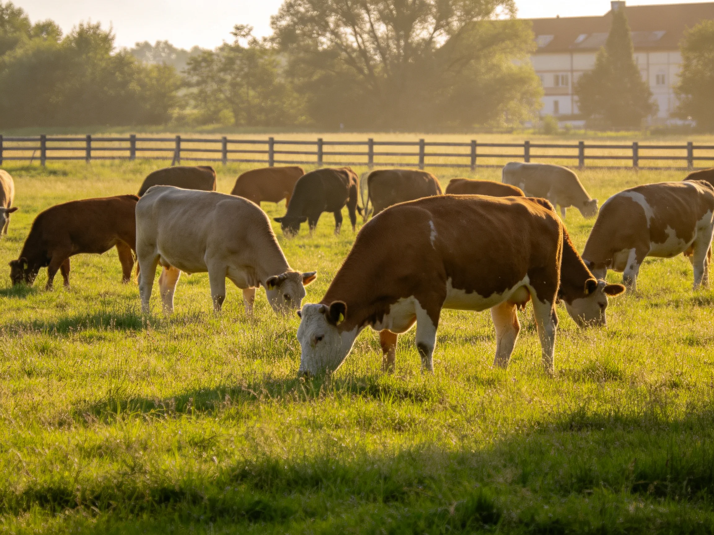 A herd of brown and white cattle grazing in a sunlit pasture
