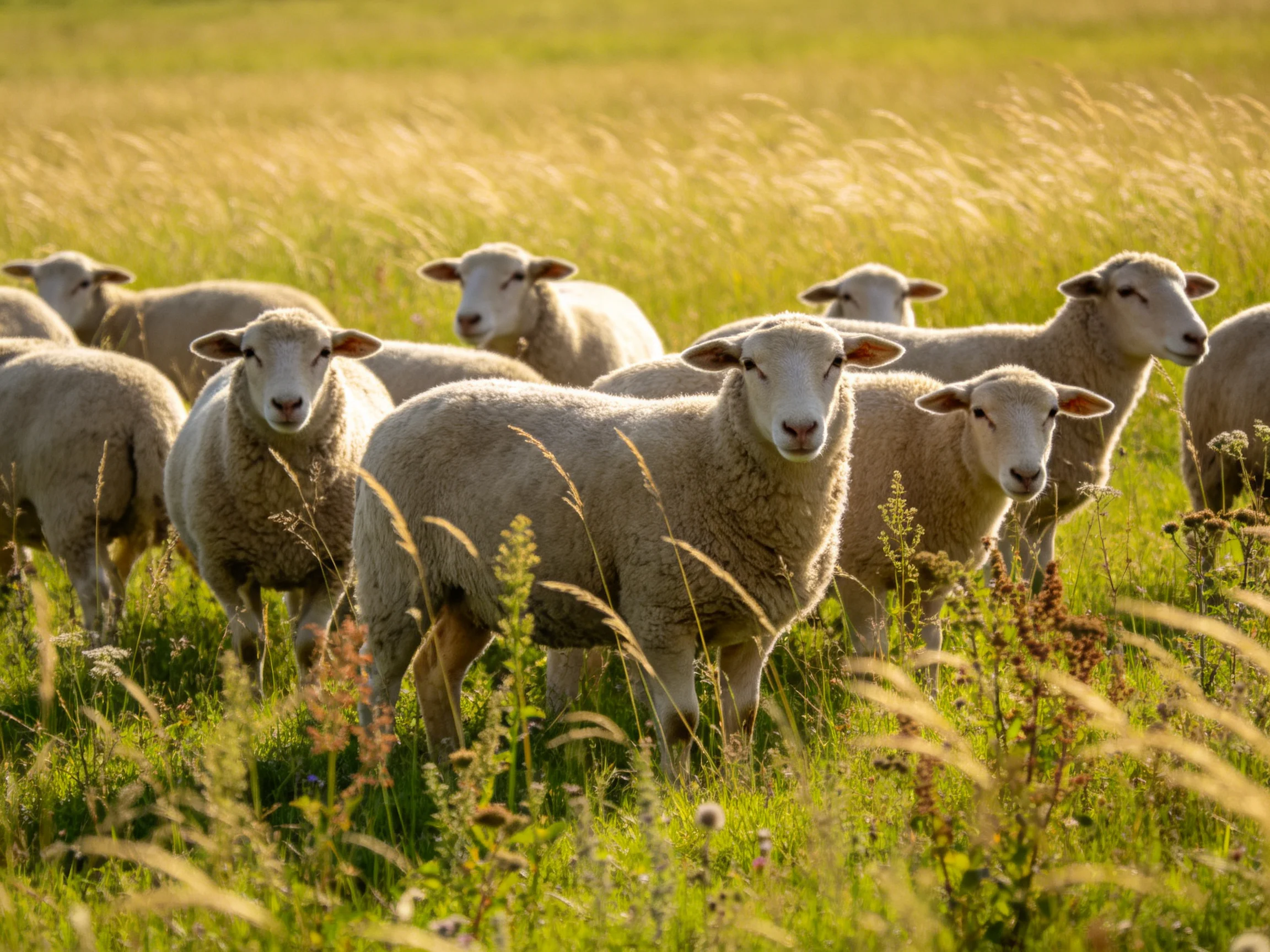 A herd of fluffy white sheep in a sunlit green field