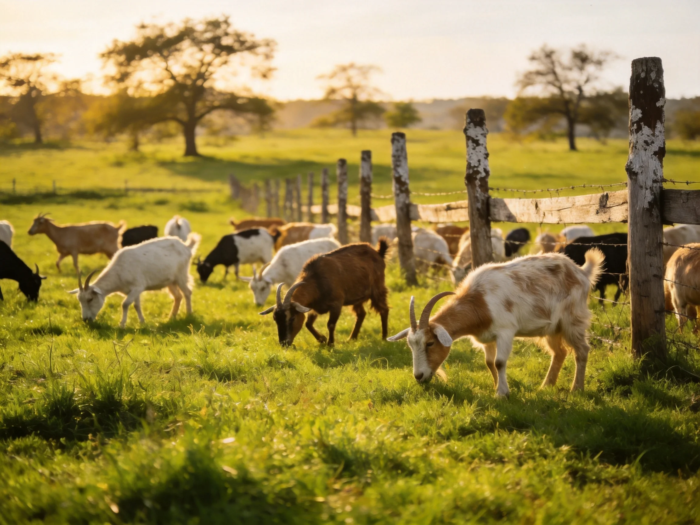 A herd of goats grazes in a sunlit green pasture with wooden fences