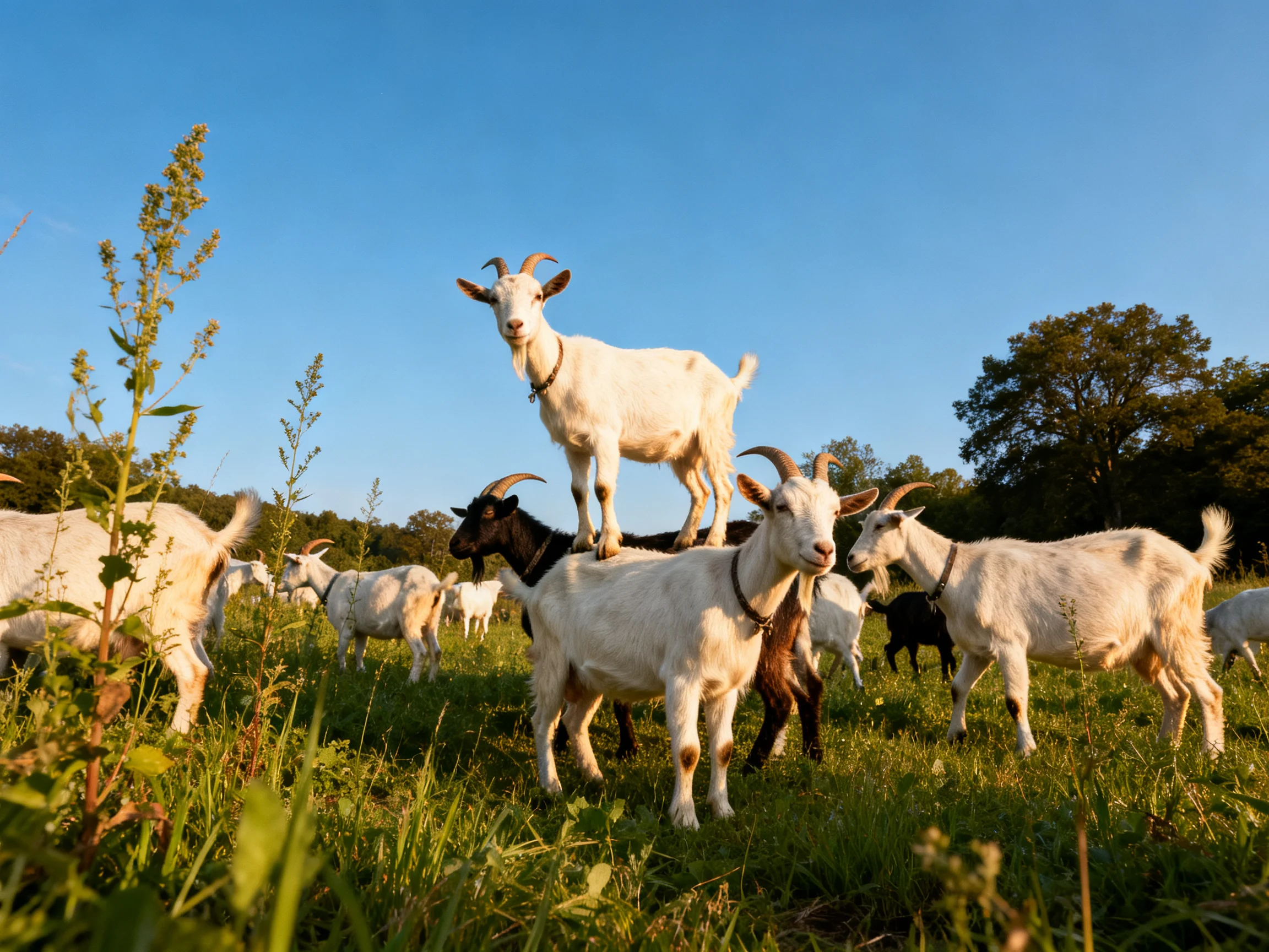 A herd of goats in a lush green field under clear blue sky