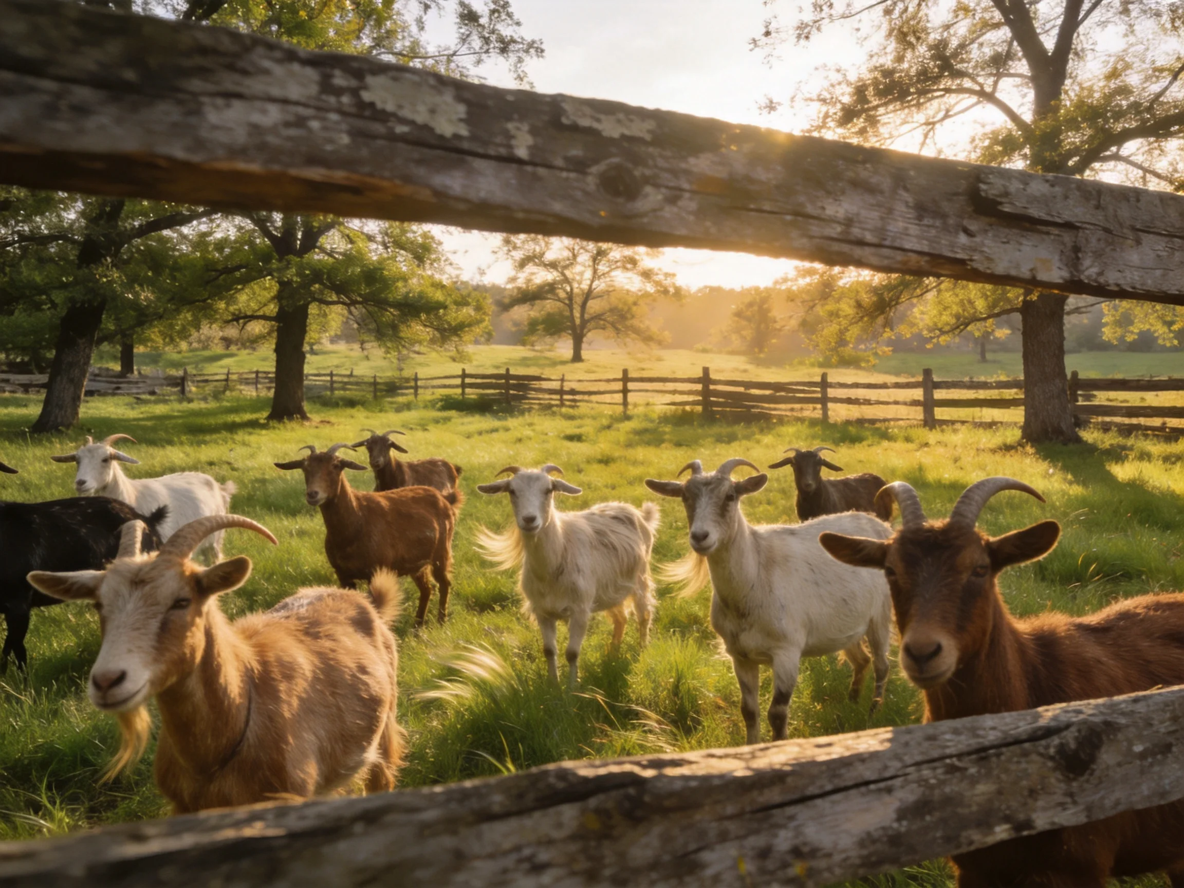 A herd of goats in a sunlit fenced pasture with greenery