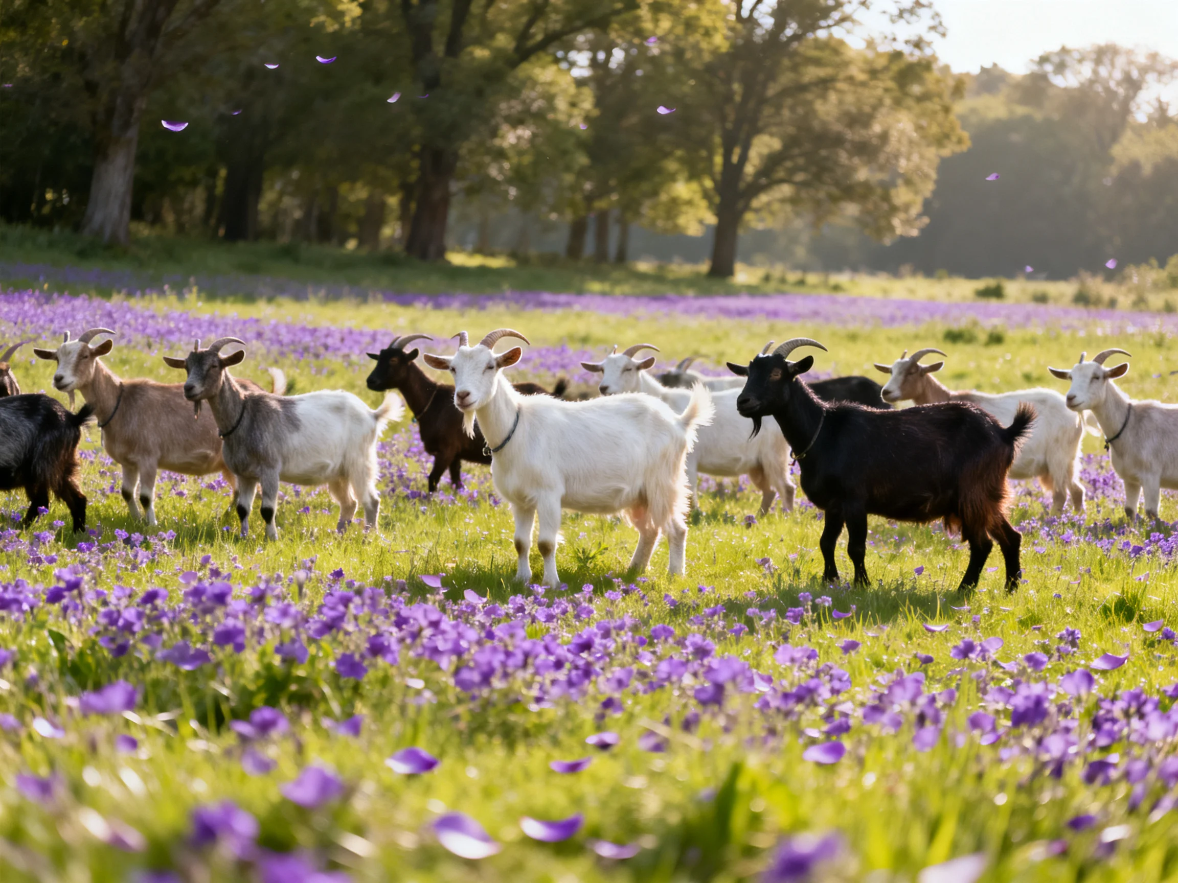 A herd of goats in a vibrant purple-flowered meadow