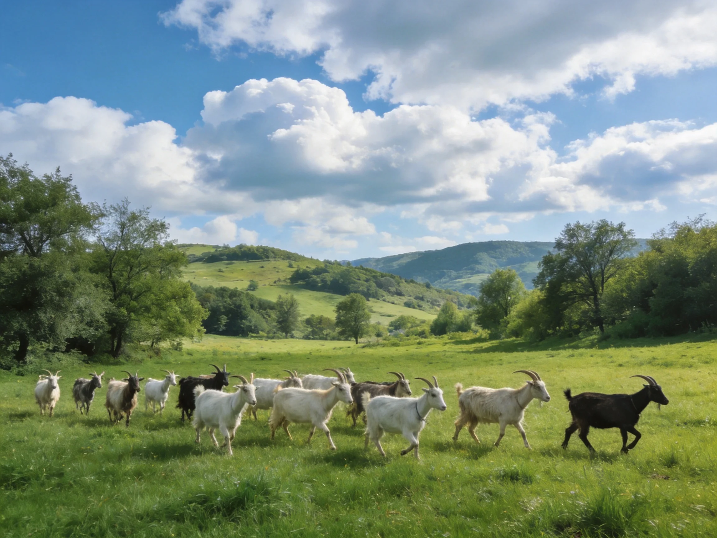 A herd of goats roams a lush green meadow under bright blue skies