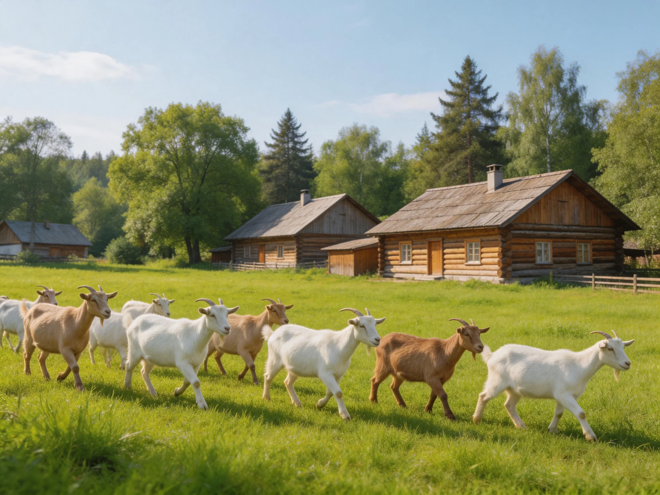 A herd of goats runs near rustic log cabins in a green meadow
