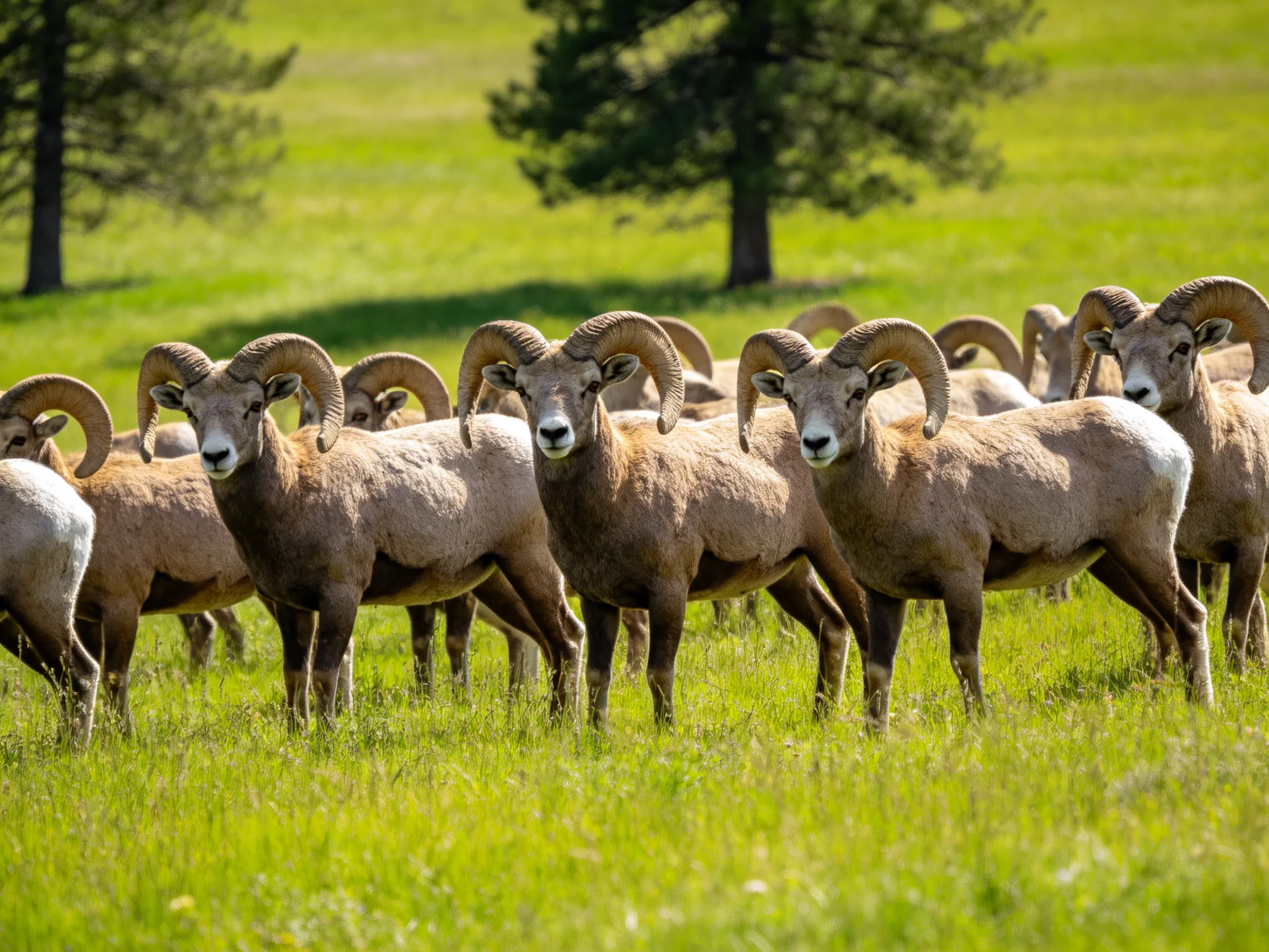 A herd of horned bighorn sheep in a green meadow