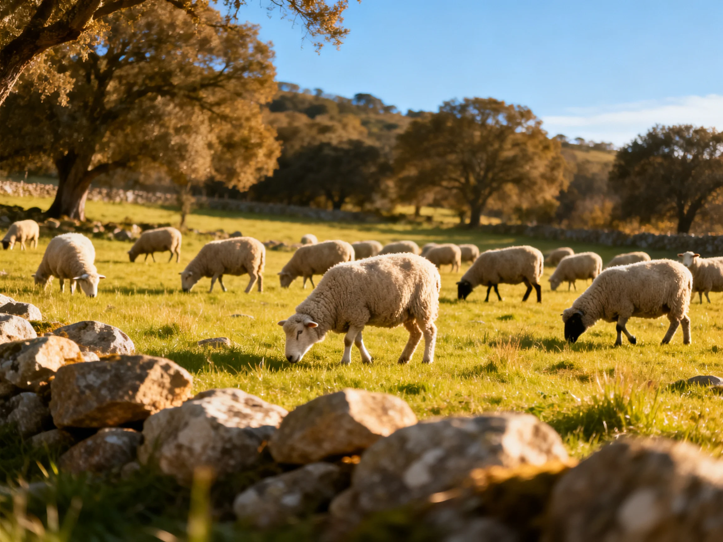 A herd of sheep grazing in a sunlit green pasture with stone walls