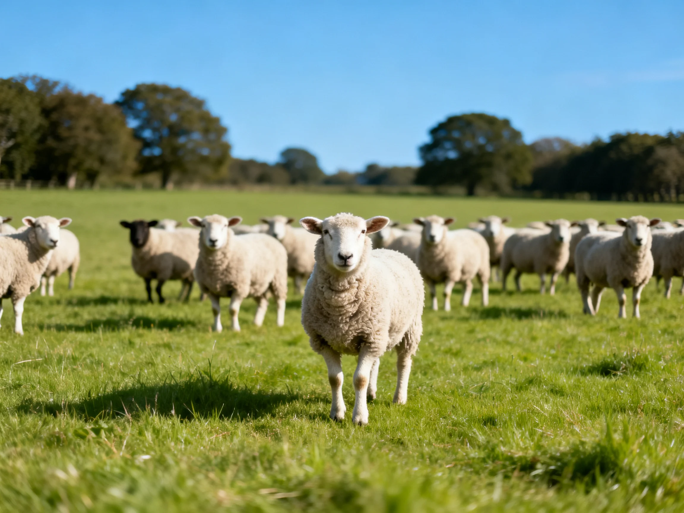 A herd of sheep in a lush green pasture with distant trees