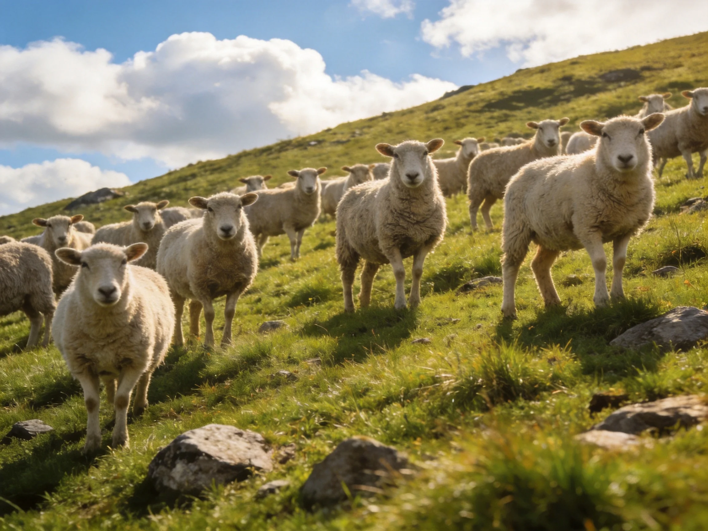 A herd of woolly sheep on a sunlit green hillside