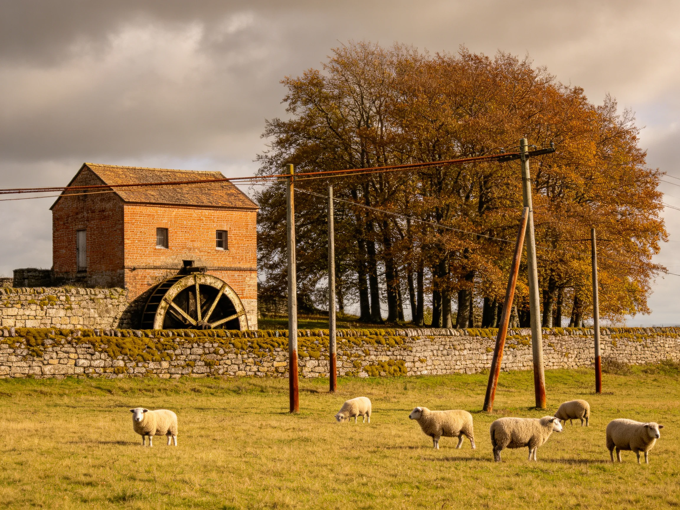 A historic brick mill with a water wheel near autumn trees and sheep
