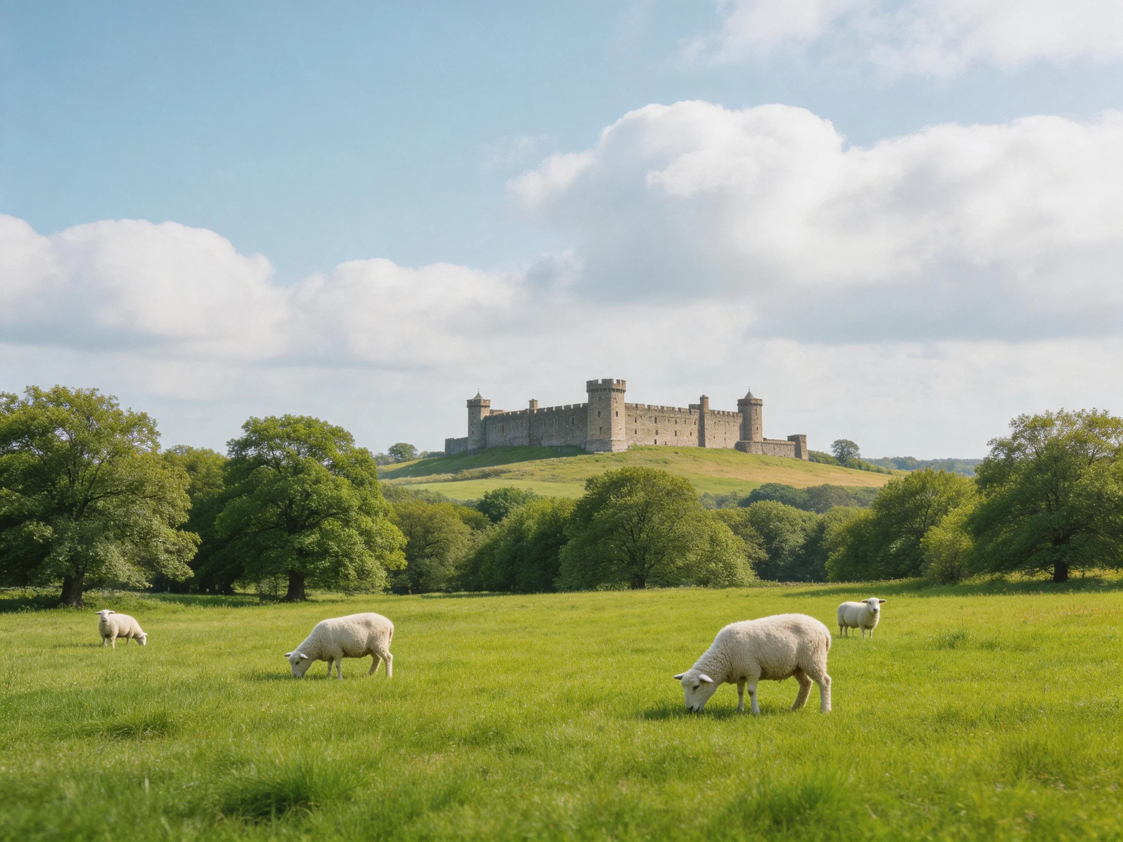 A historic stone castle overlooks a verdant pastoral landscape
