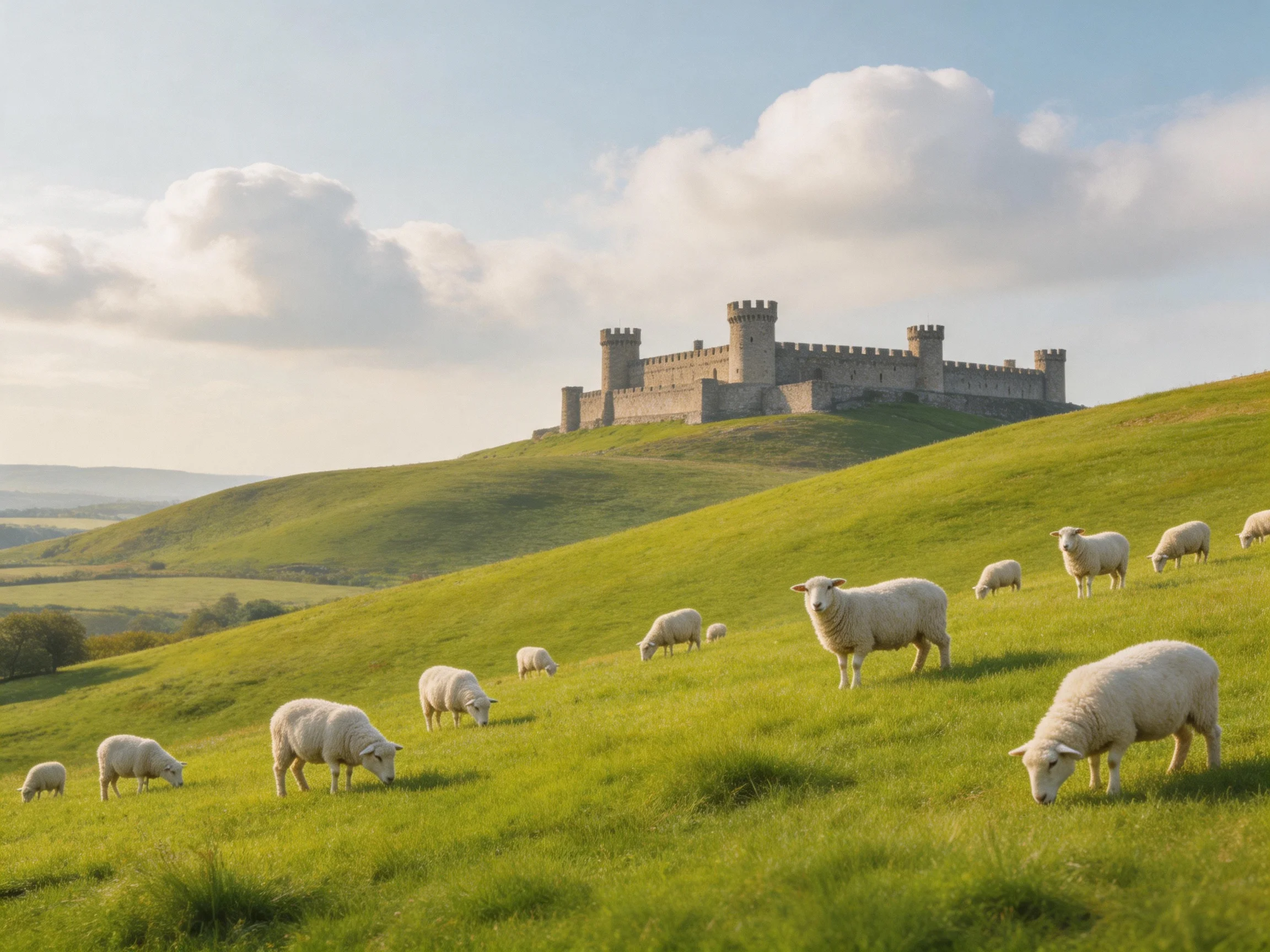 A historic stone fortress sits atop a hill overlooking sheep grazing on rolling green terrain