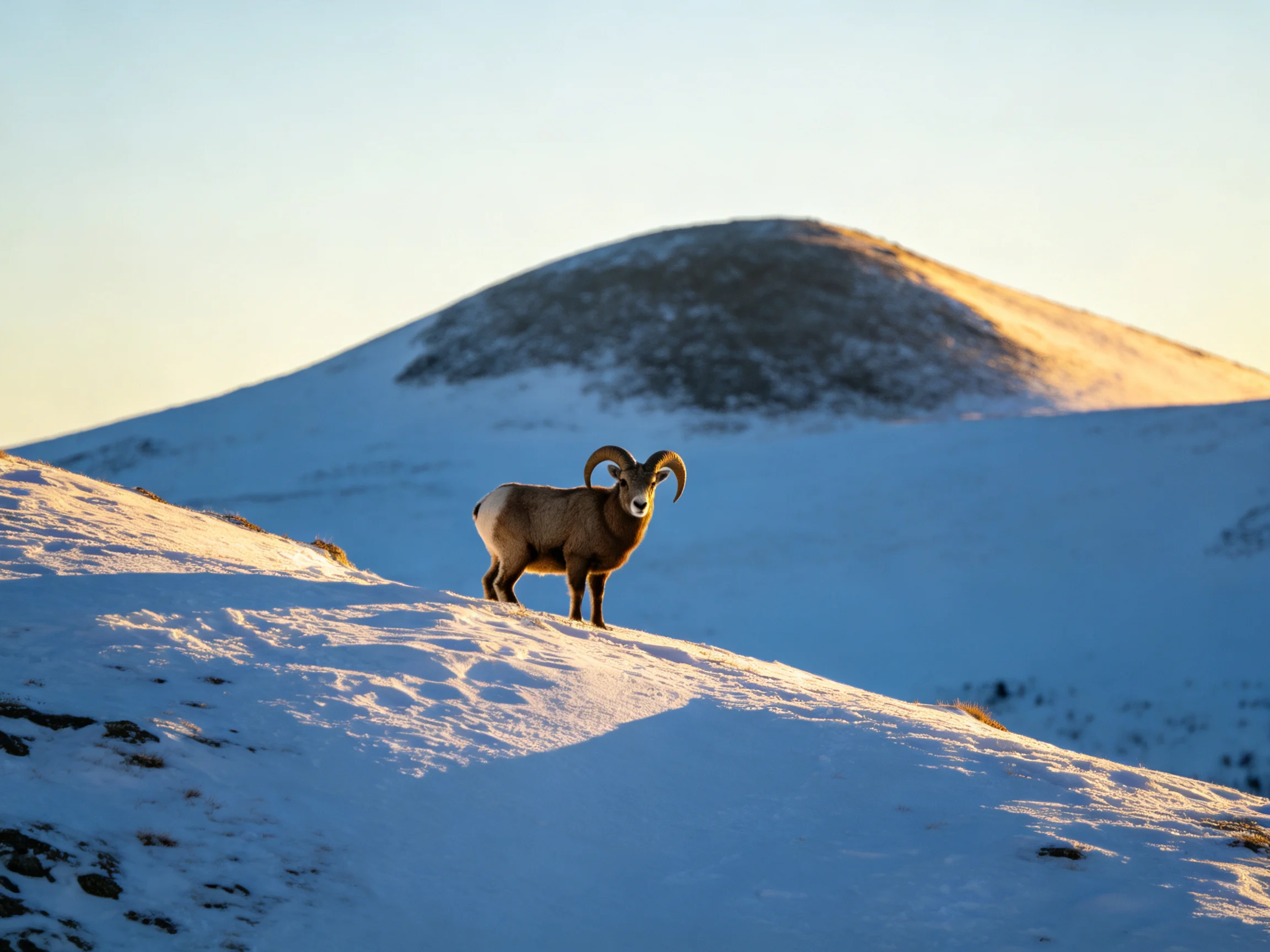 A horned animal stands on snow-covered slopes near a sunlit hill