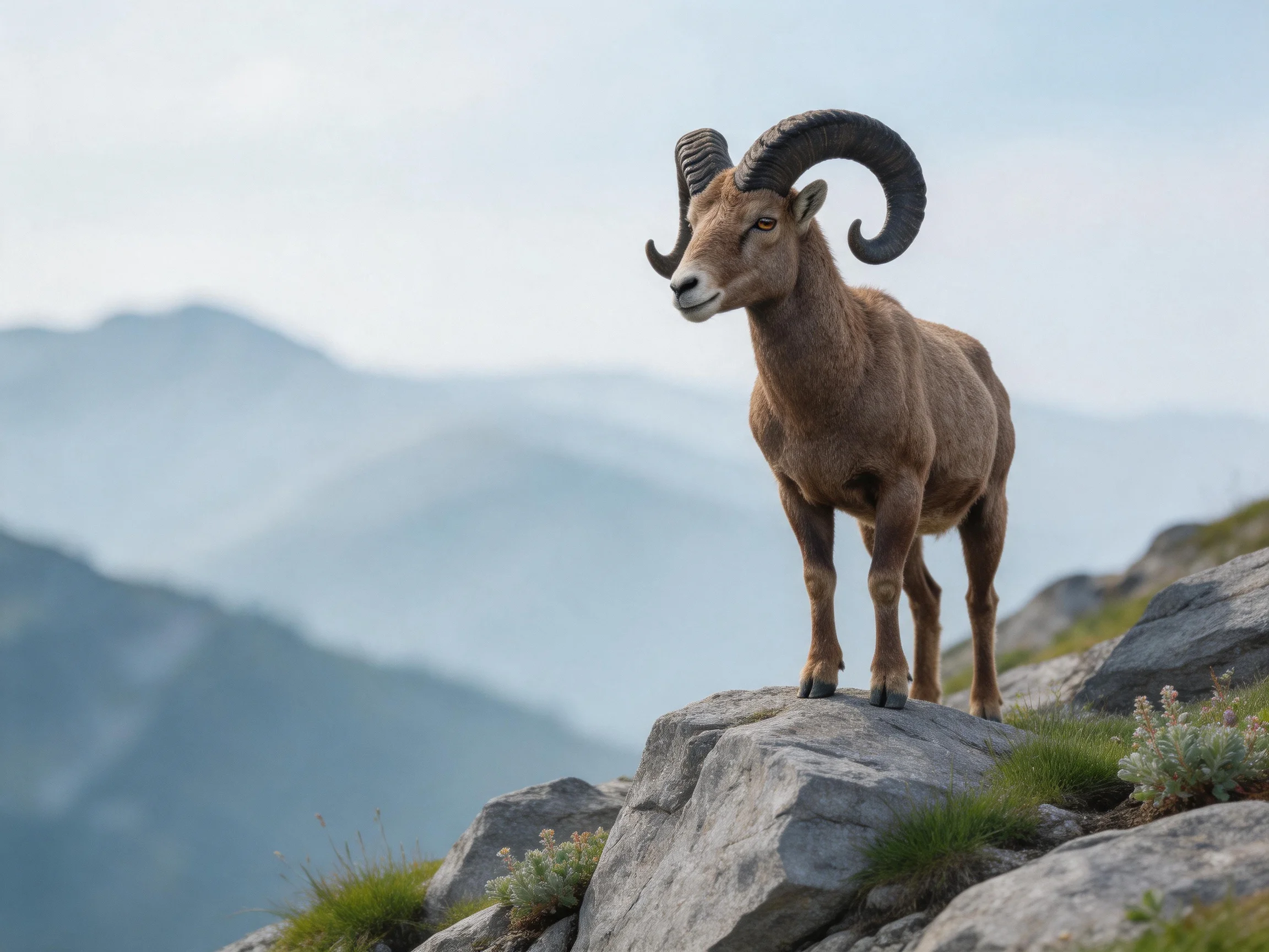 A horned goat stands on rocky cliffs with misty mountain backdrop