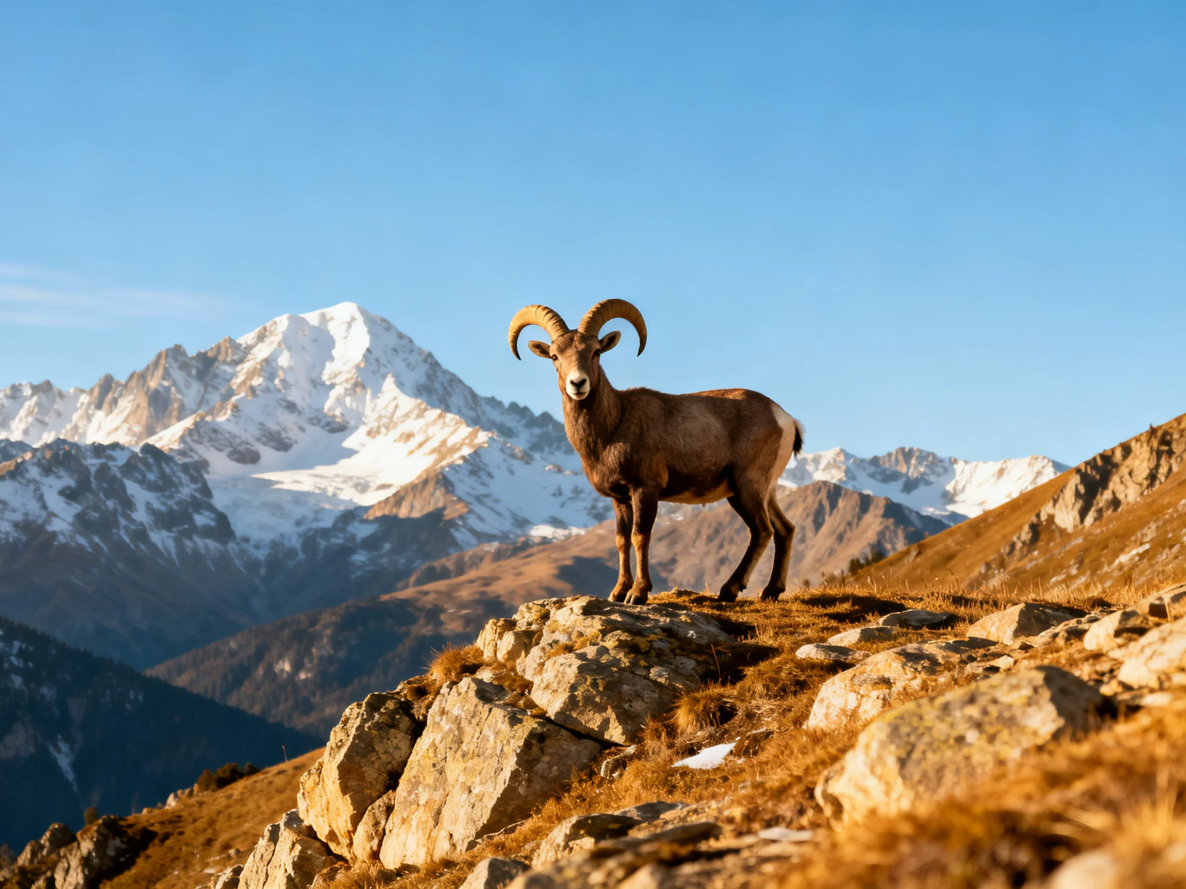 A horned goat stands on rocky terrain beside snow - capped mountains
