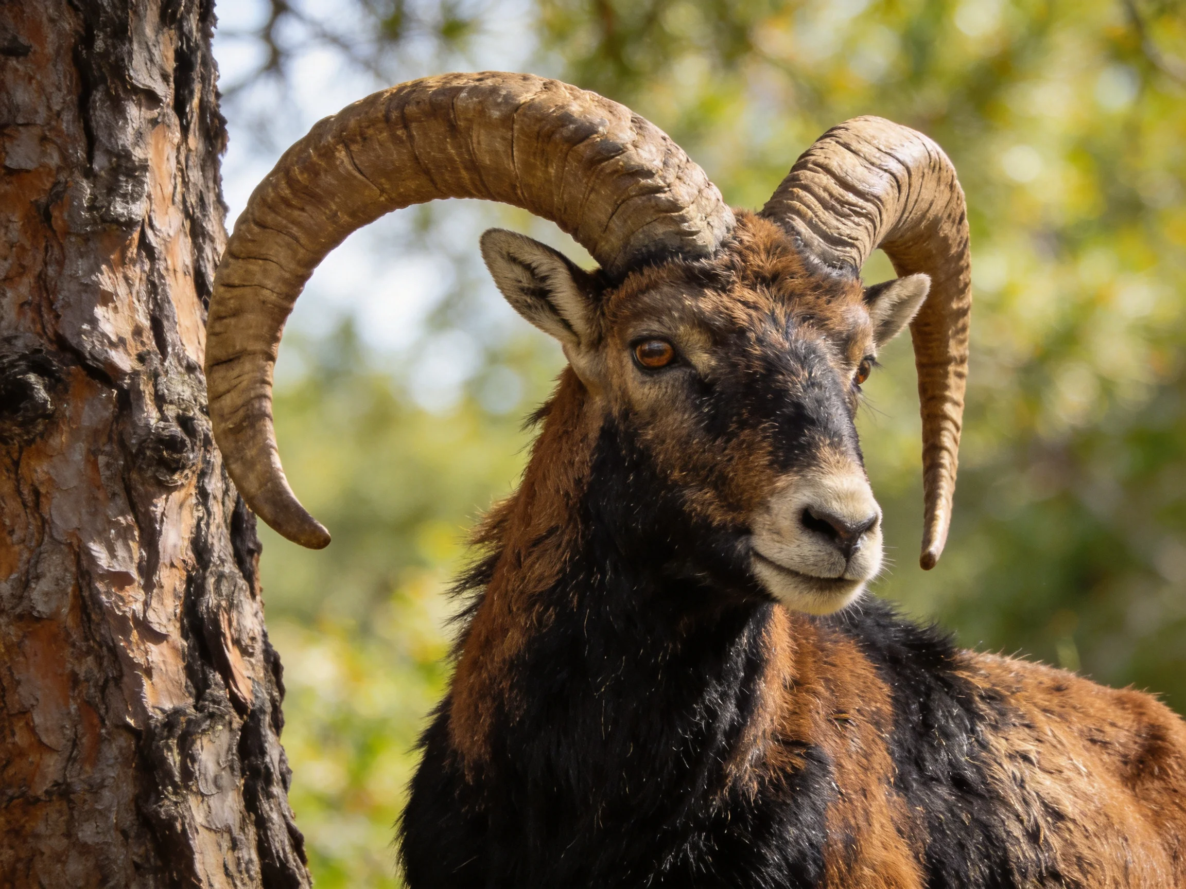 A horned goat with brown and black fur beside a tree trunk