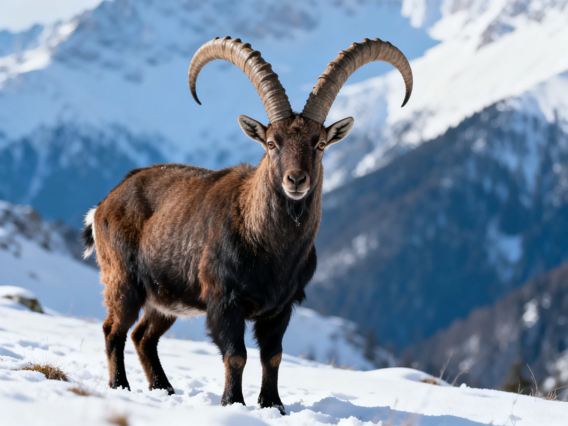 A horned ibex with large curved horns on snowy mountain terrain