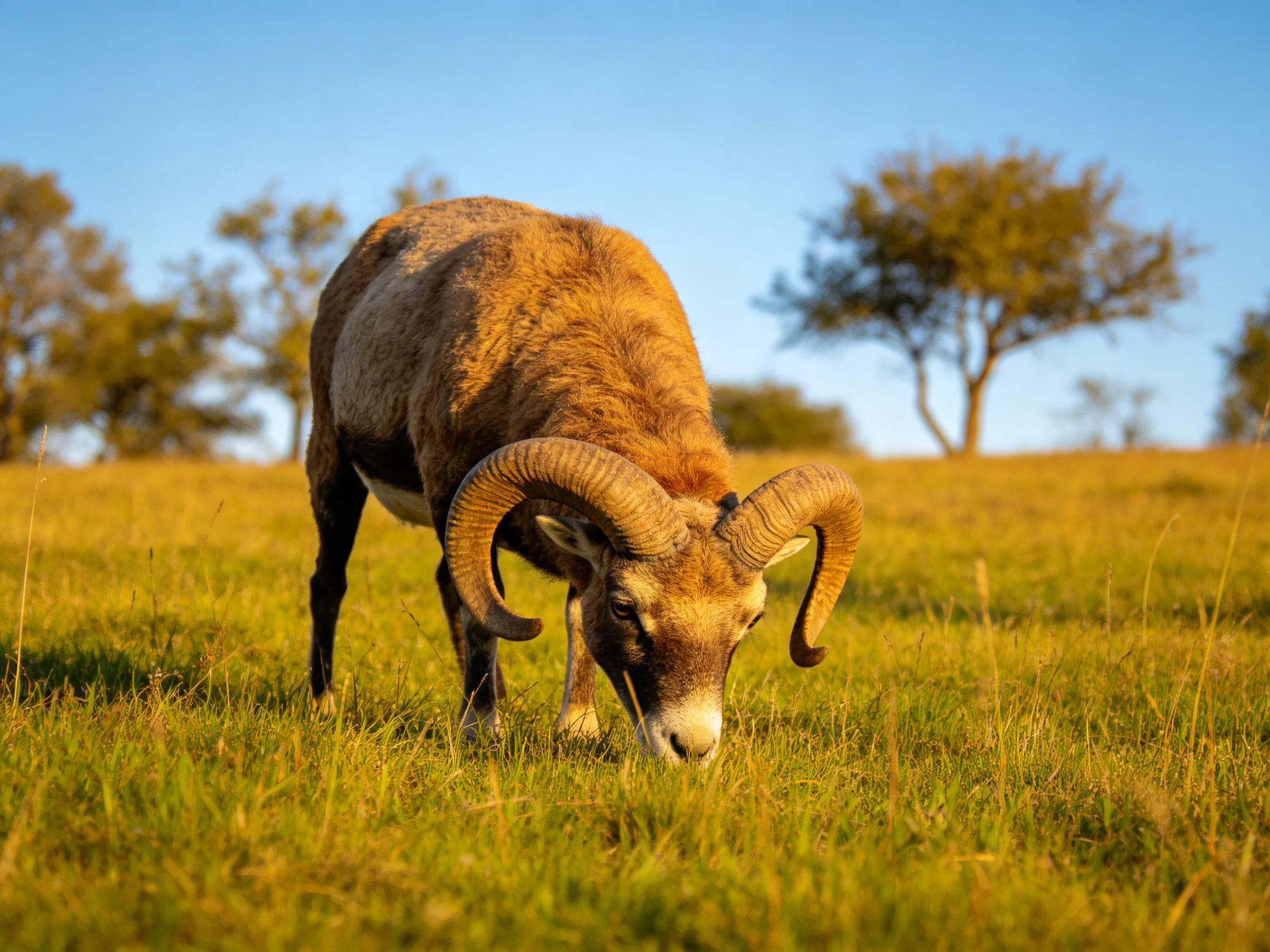 A horned ram grazes in golden grassy terrain