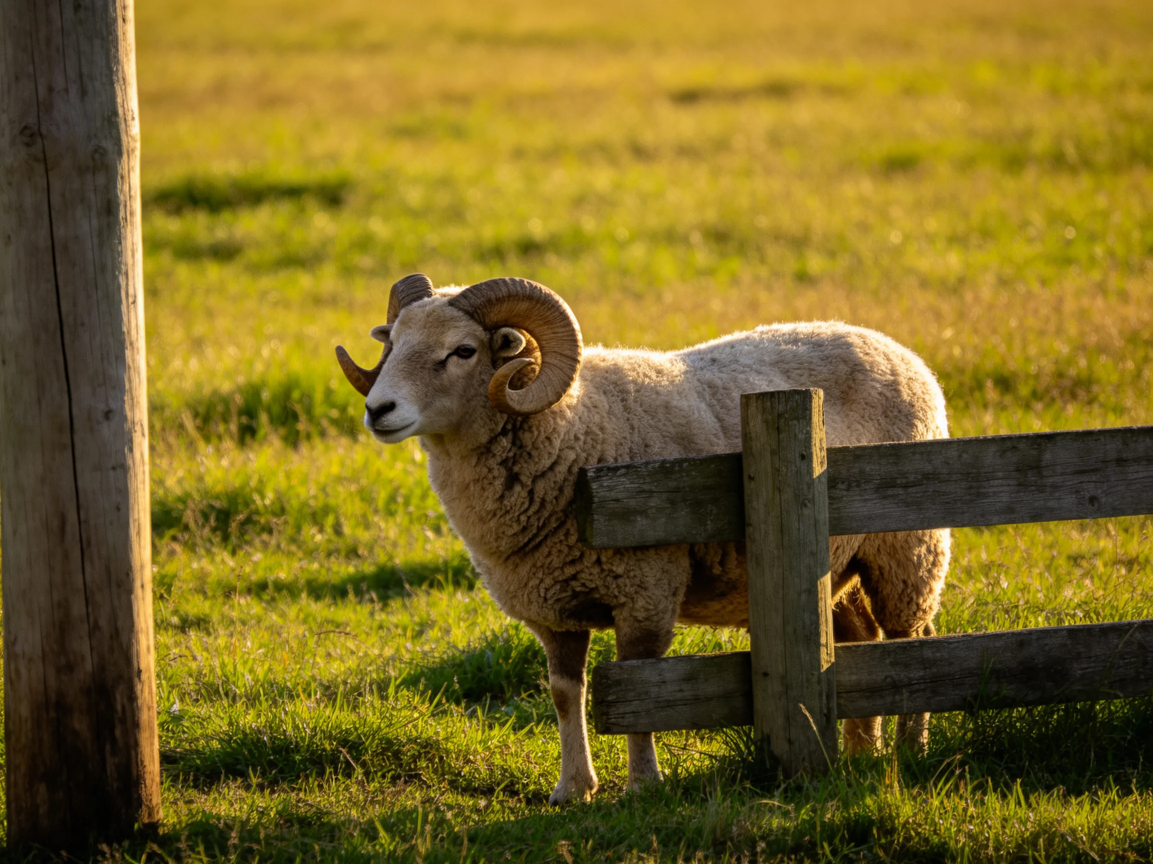 A horned ram near a wooden fence in a sunlit meadow