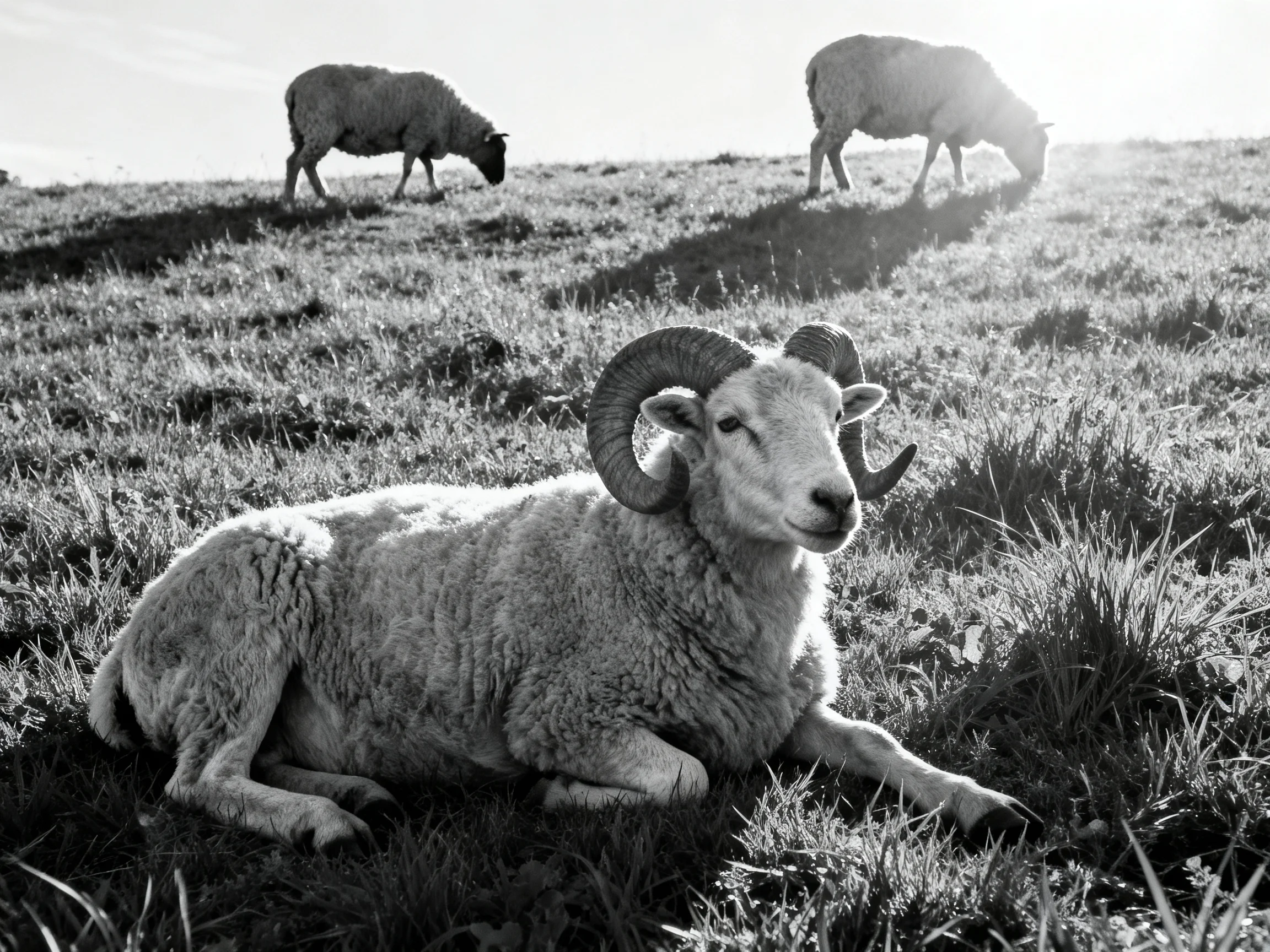 A horned ram rests near two grazing sheep on a grassy hillside