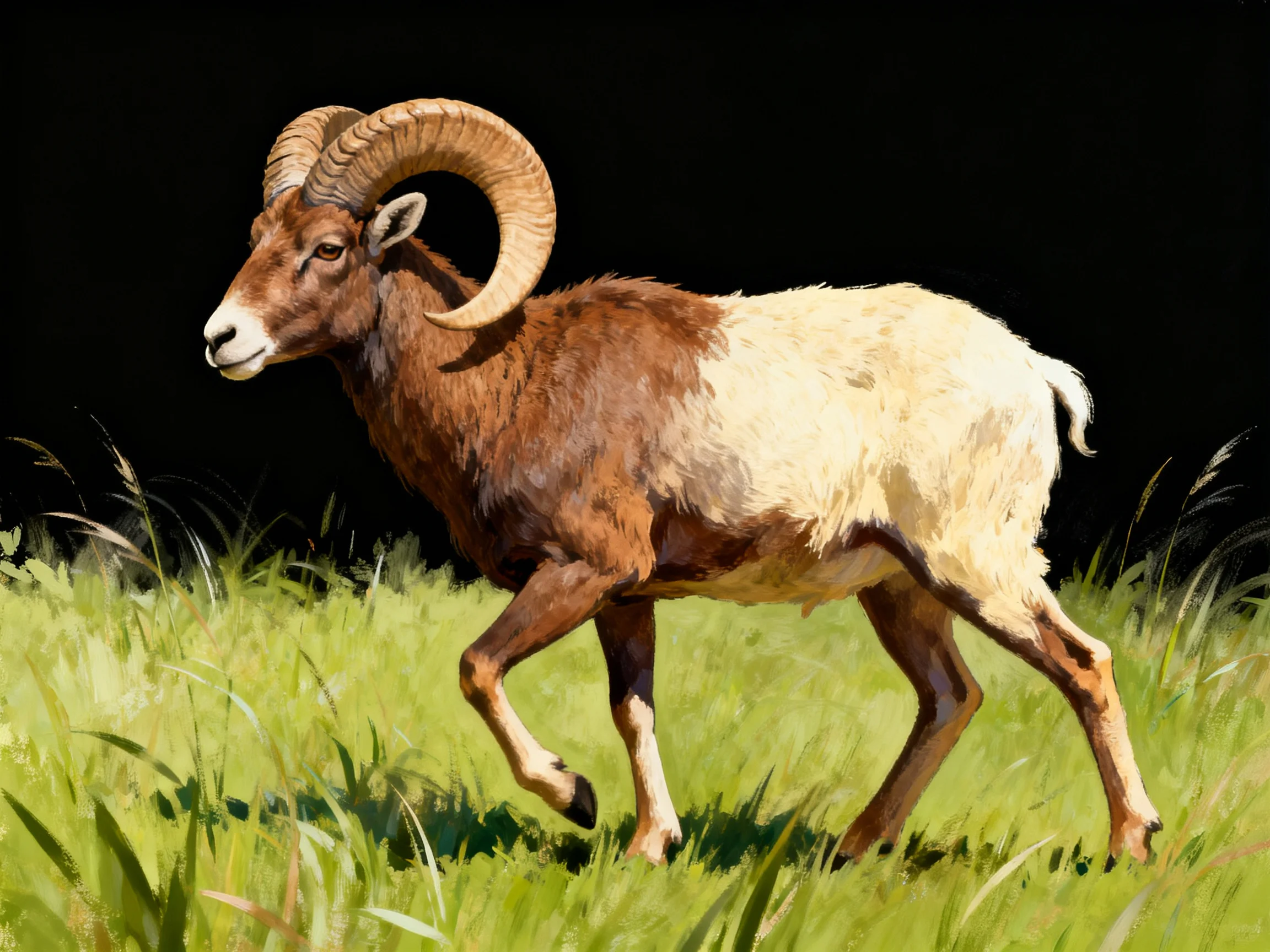 A horned ram with brown and cream fur walking through tall green grass