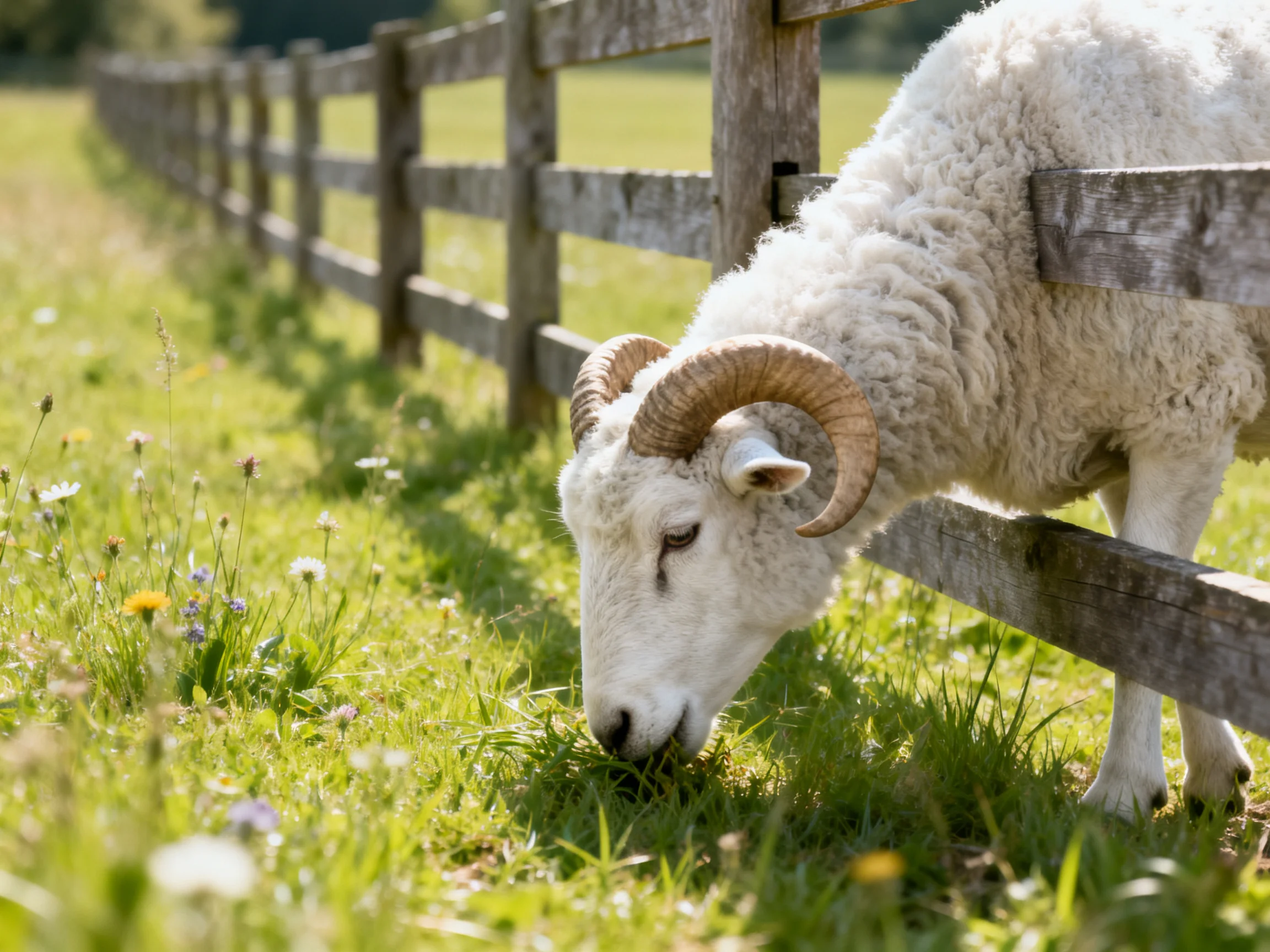 A horned sheep grazes by a weathered wooden fencein a sunlit meadow