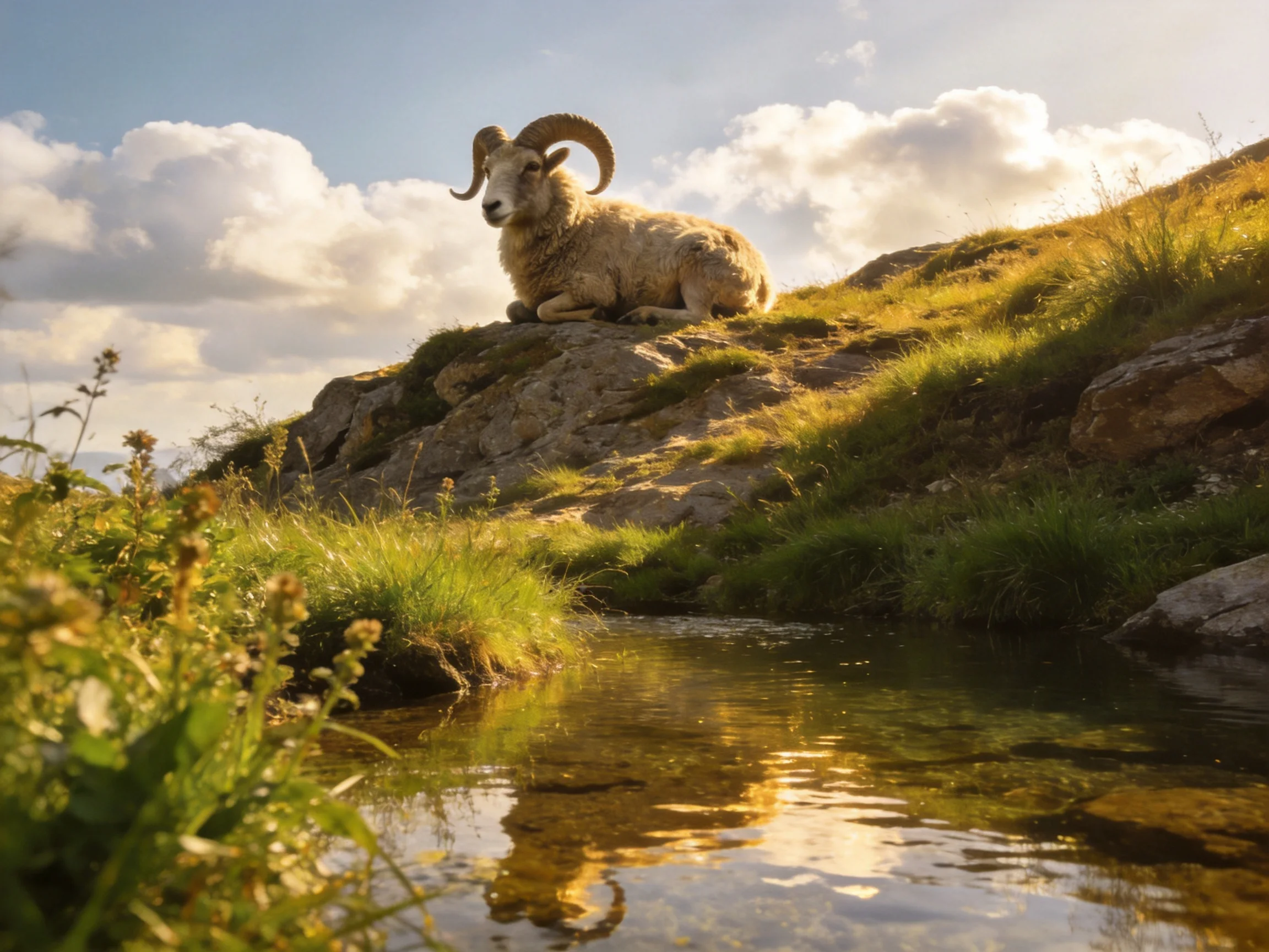 A horned sheep rests on a rocky hillside near a sunlit stream