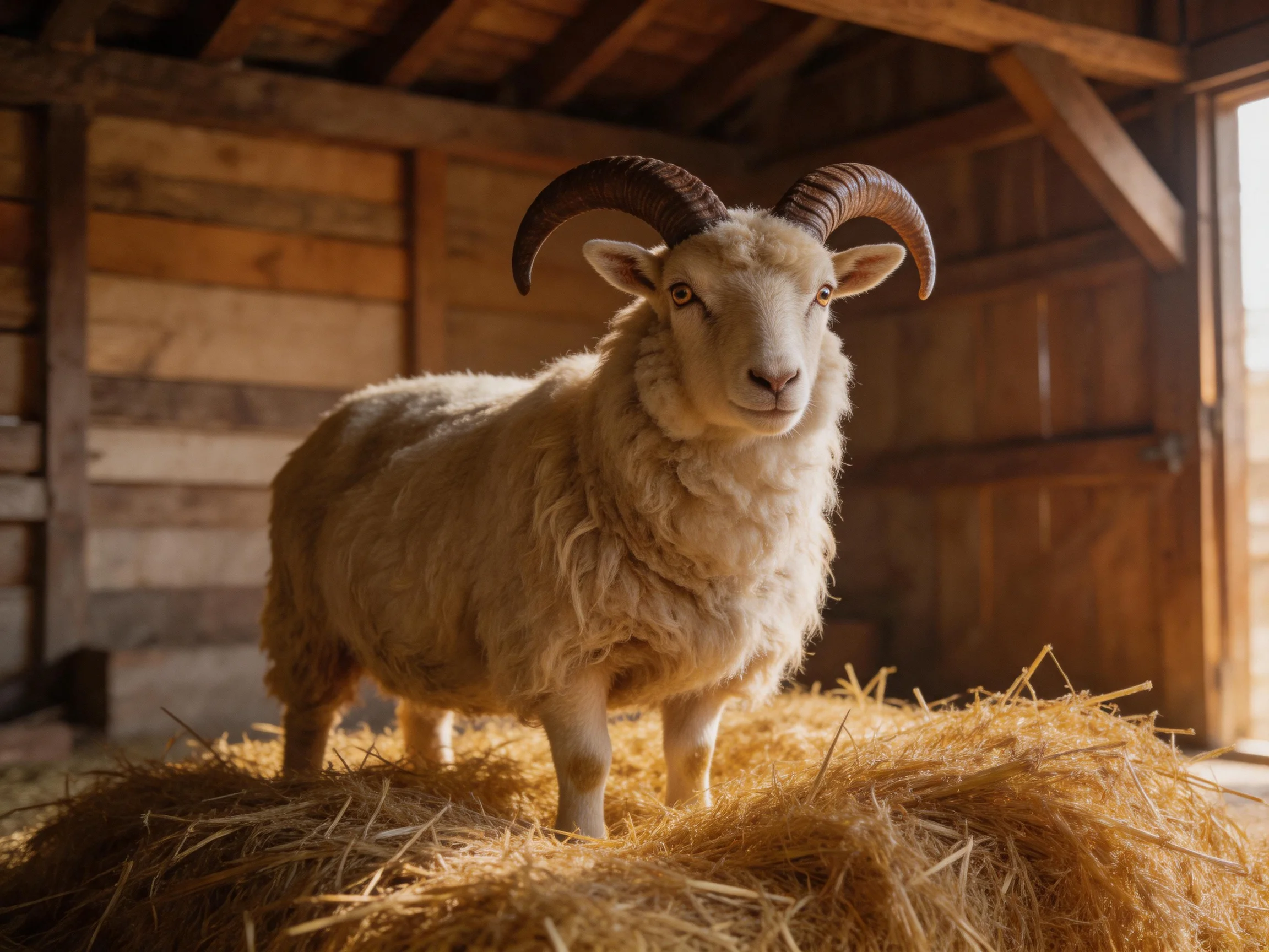 A horned sheep stands on golden hay in a rustic wooden barn