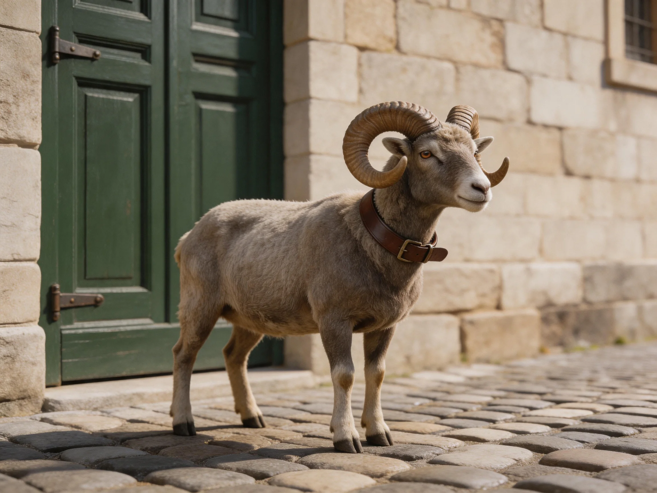 A horned sheep with a brown collar near a stone buildings green door