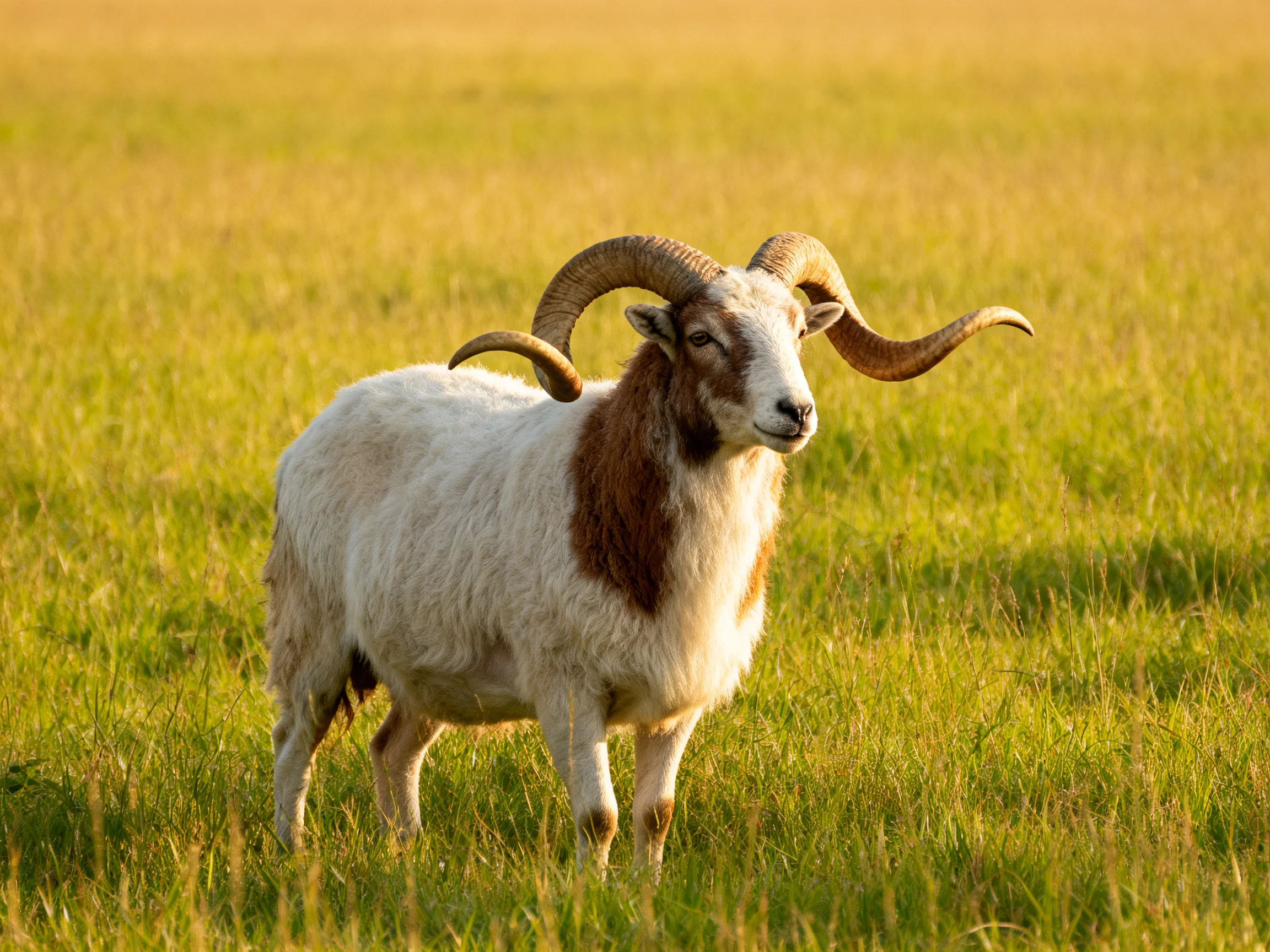 A horned sheep with large curved horns in a golden meadow