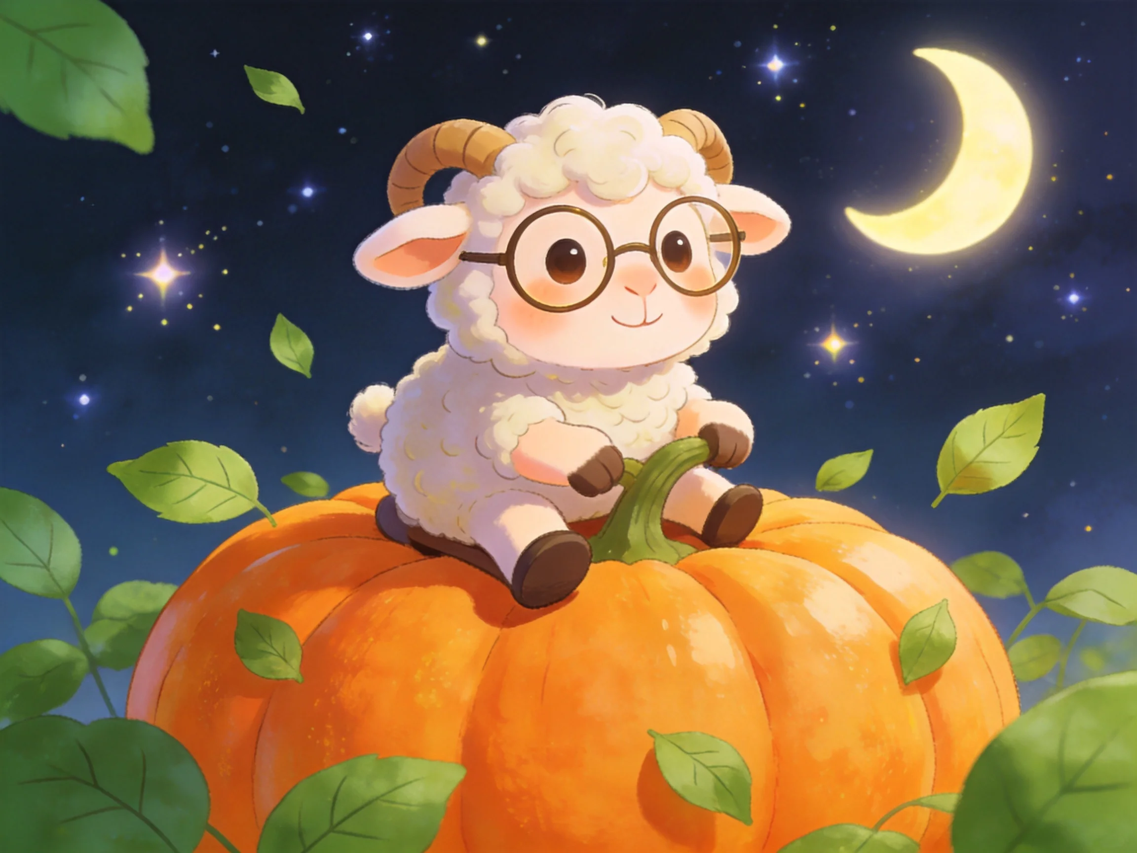 A horned sheep with round glasses sits on a big orange pumpkin under a starry night sky