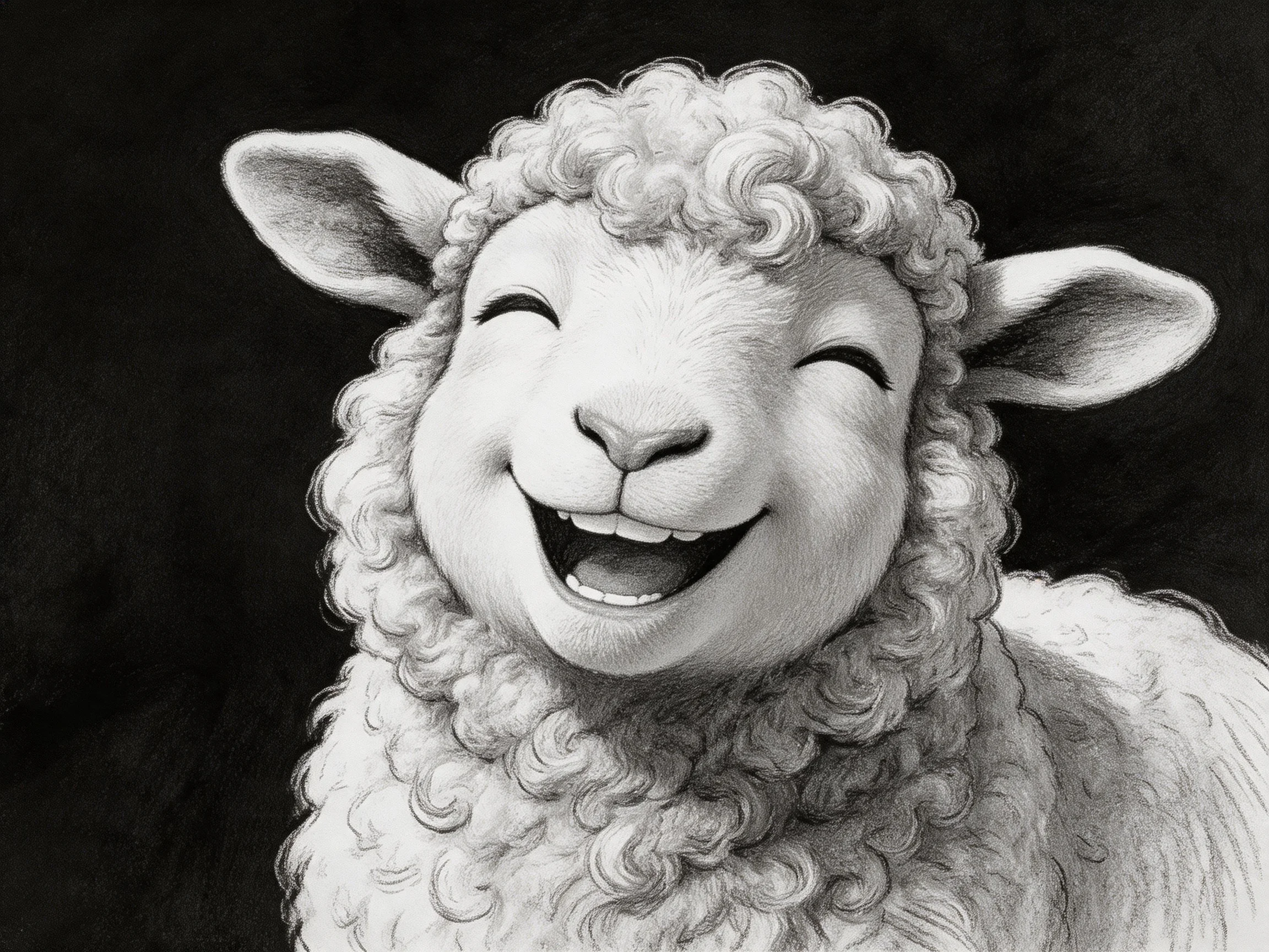 A joyful sheep with curly wool in monochrome illustration
