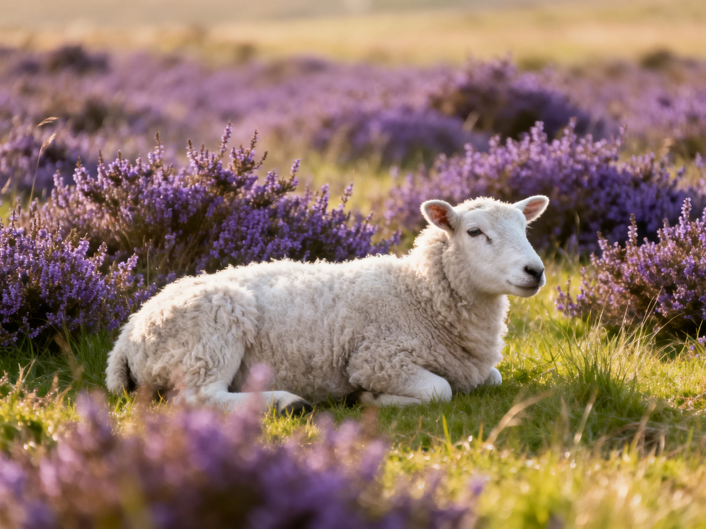 A lamb rests amid vibrant purple heather fields