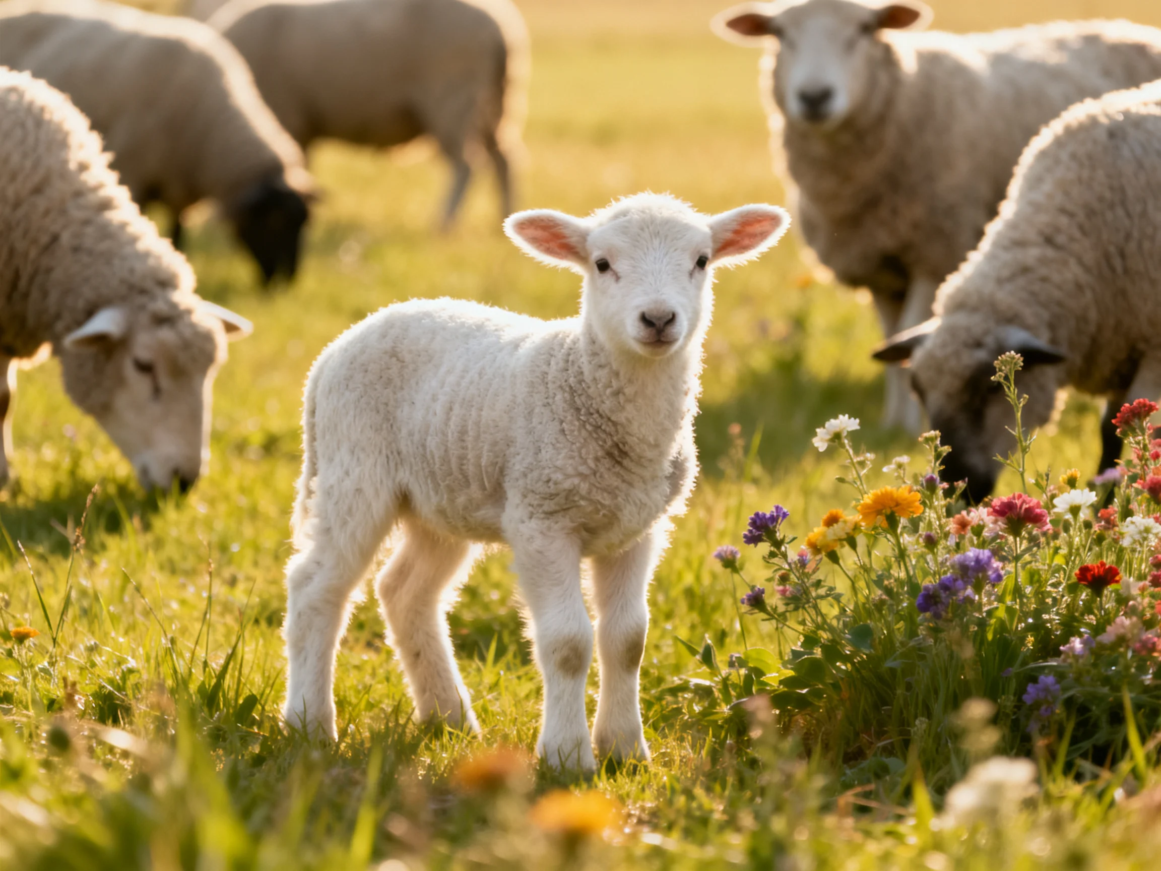 A lamb stands among grazing sheep in a sunlit meadow with wildflowers