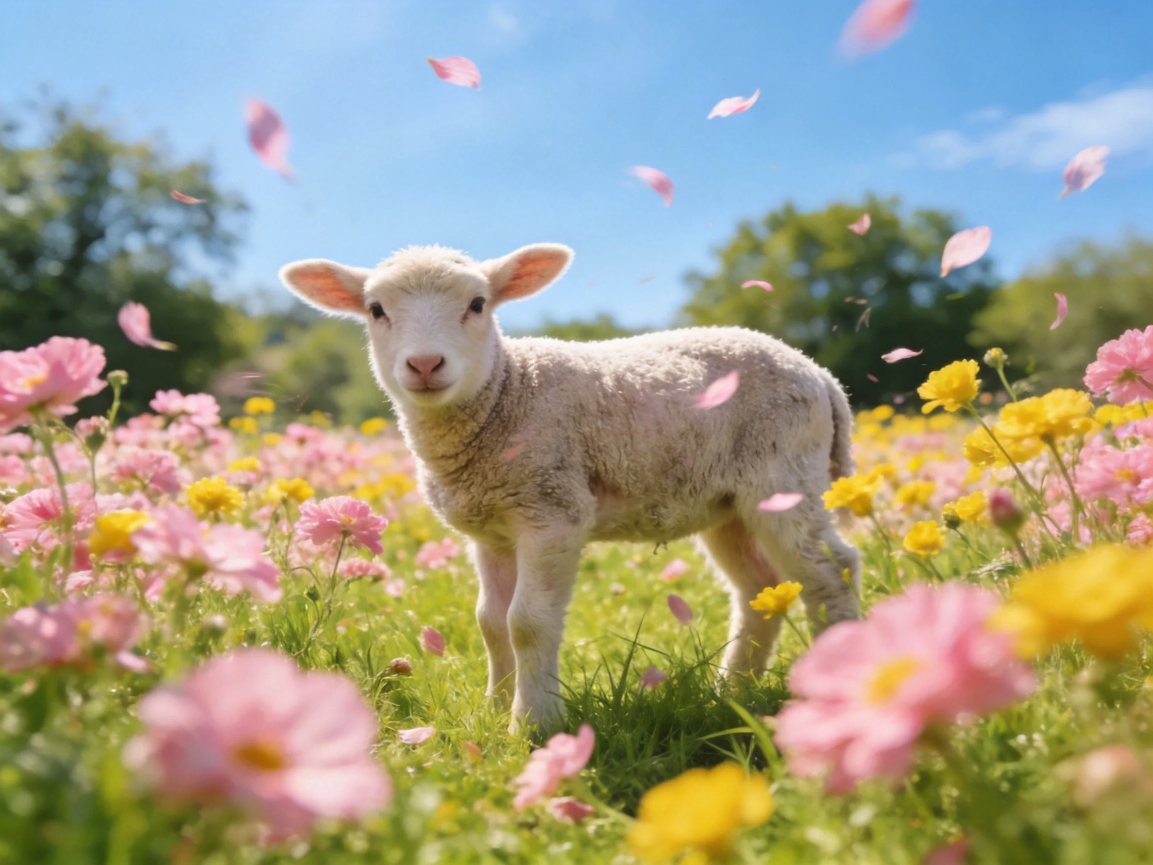 A lamb stands in a field of pink and yellow flowers under bright blue sky
