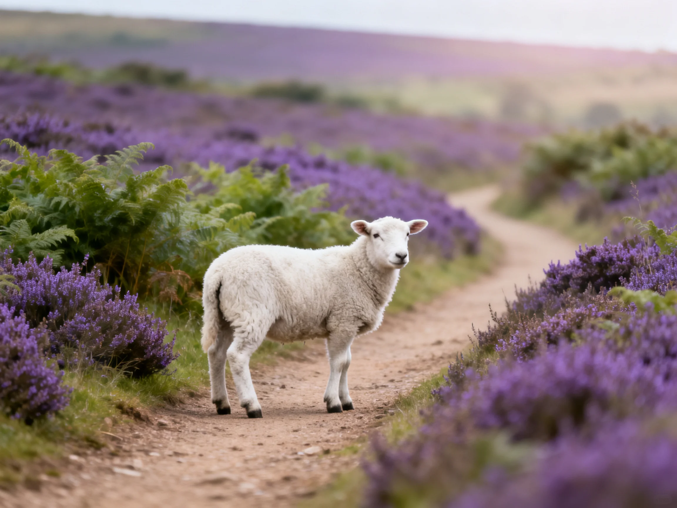 A lamb stands on a dirt path amid vibrant purple heather and greenery