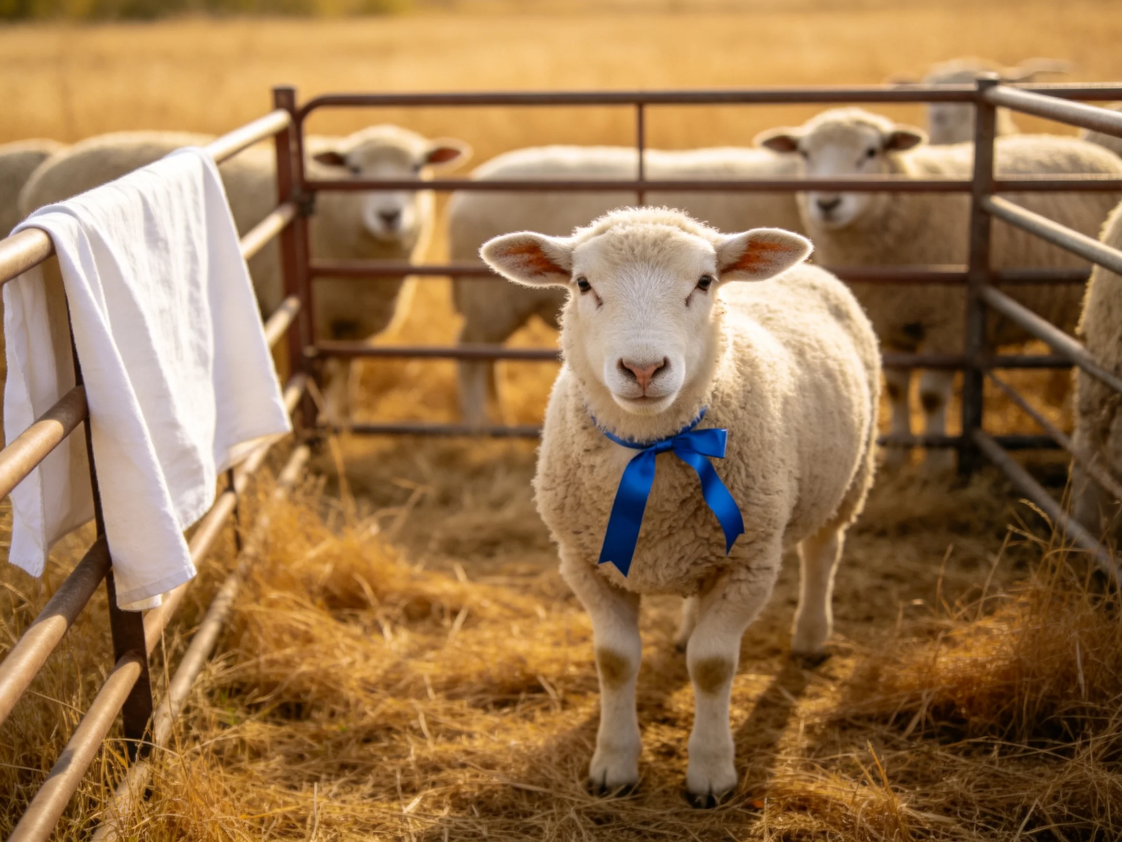 A lamb with blue ribbon in a fenced enclosure with sheep