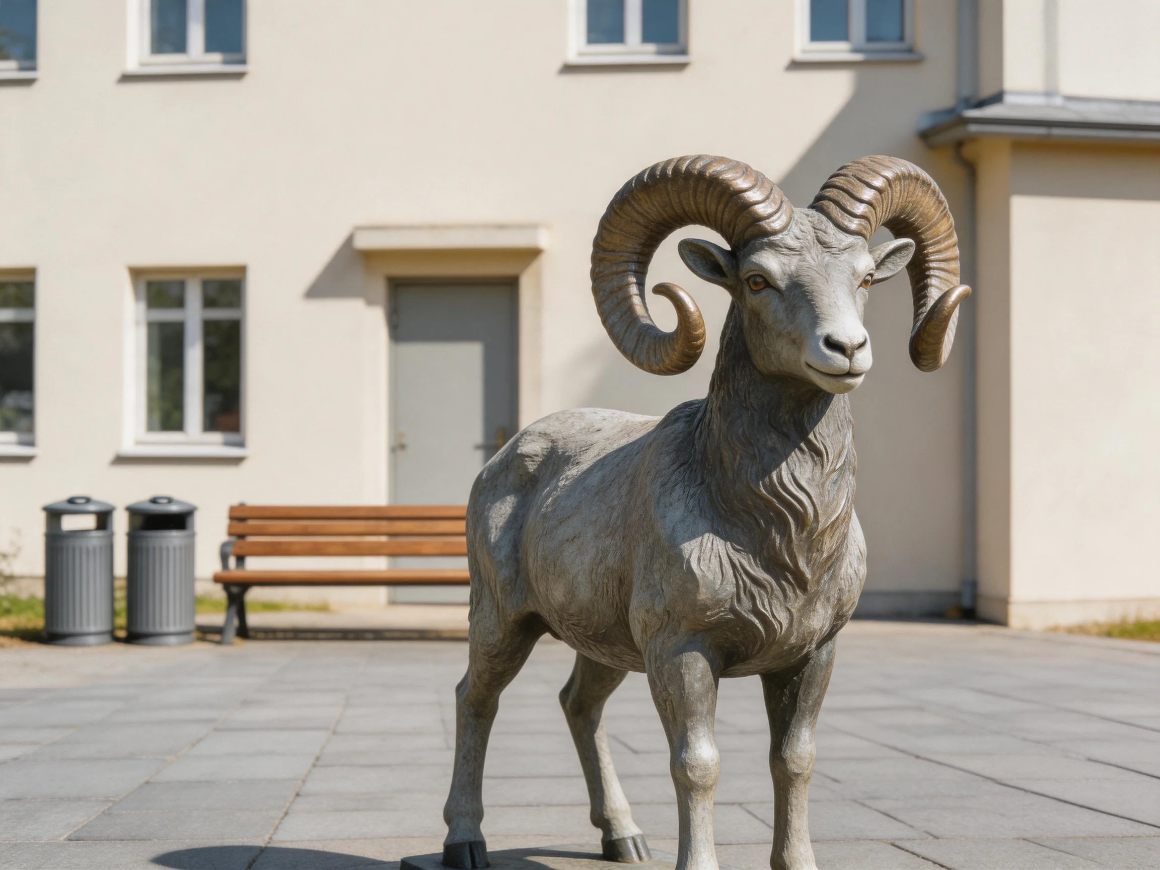 A large bronze ram statue in an outdoor plaza