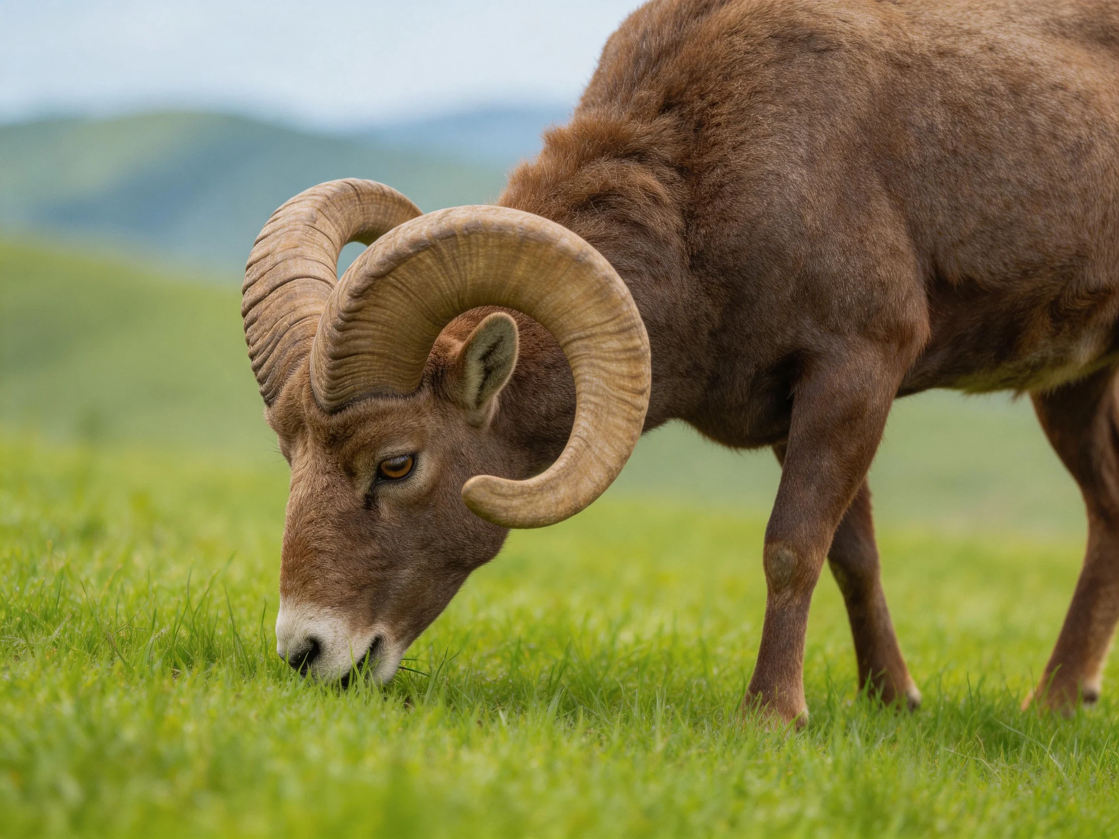 A large brown bighorn ram grazes in lush green grass