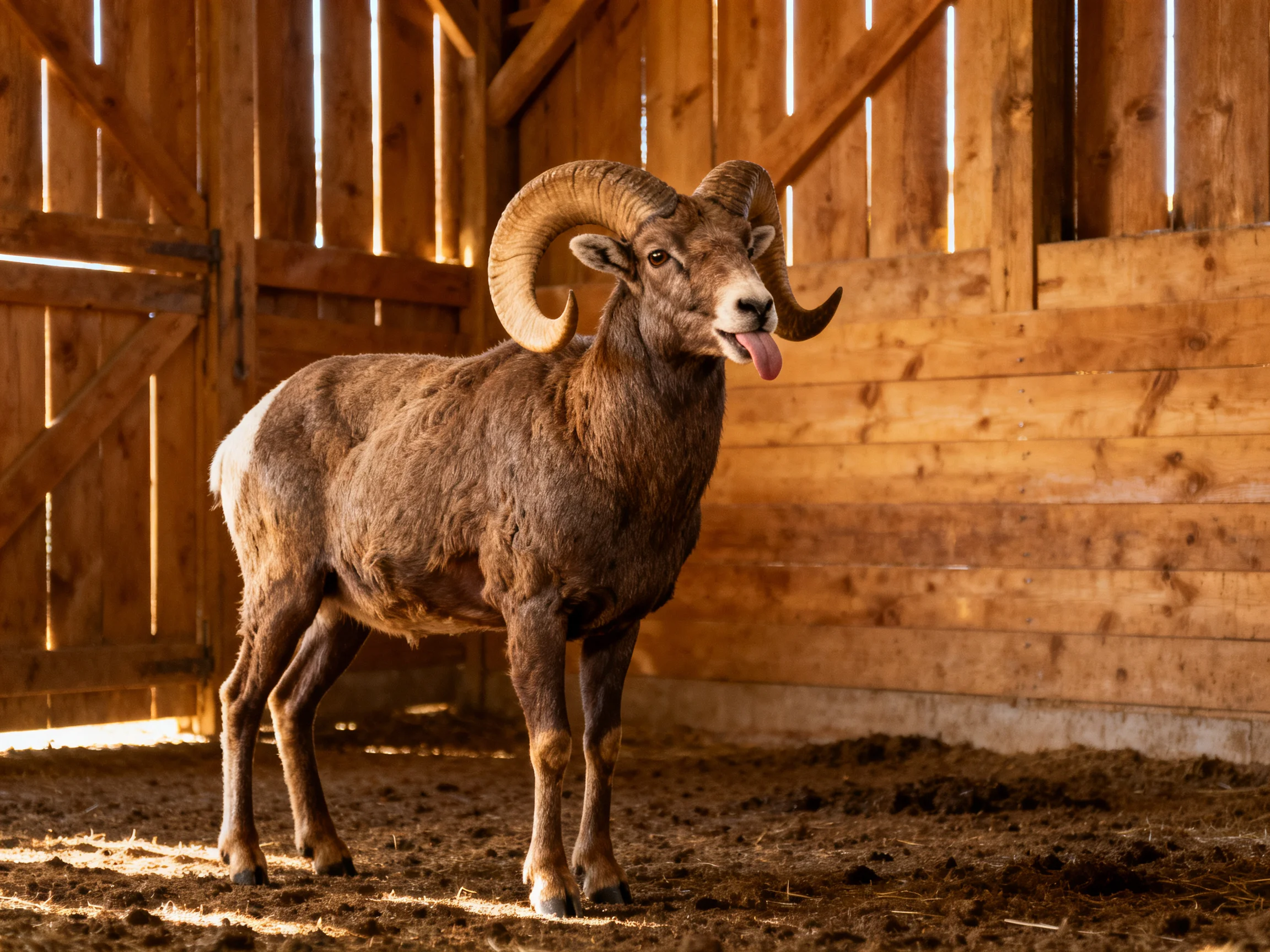 A large brown bighorn ram in a wooden barn