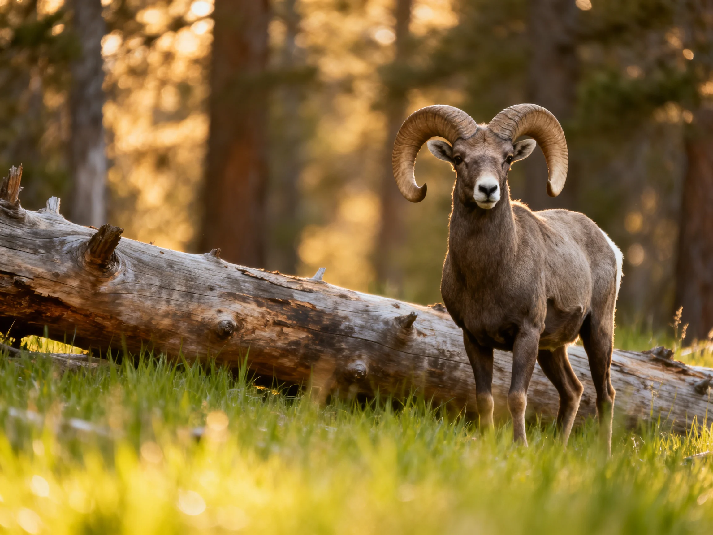 A large brown bighorn ram near a fallen log in a sunlit forest
