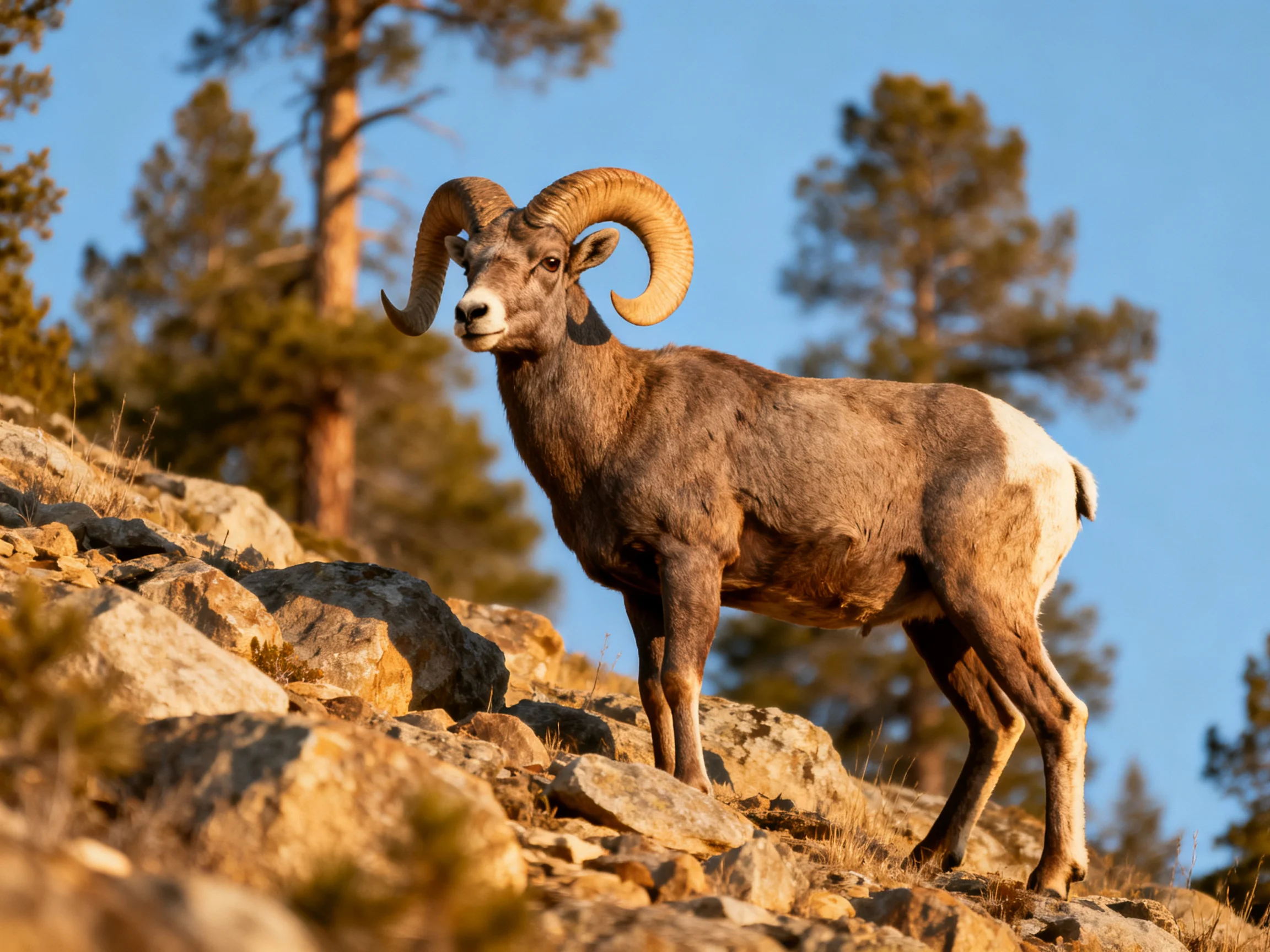 A large brown bighorn ram on rocky terrain near pine trees