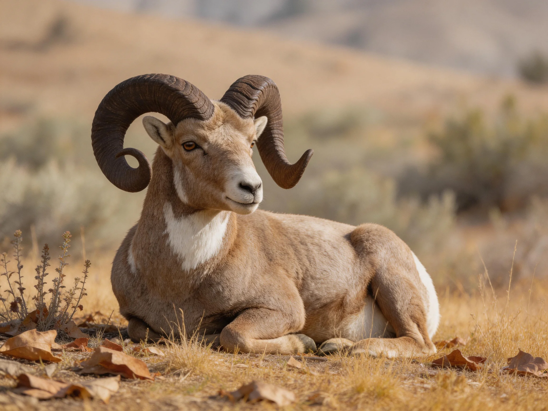 A large brown bighorn ram rests in a dry, open landscape