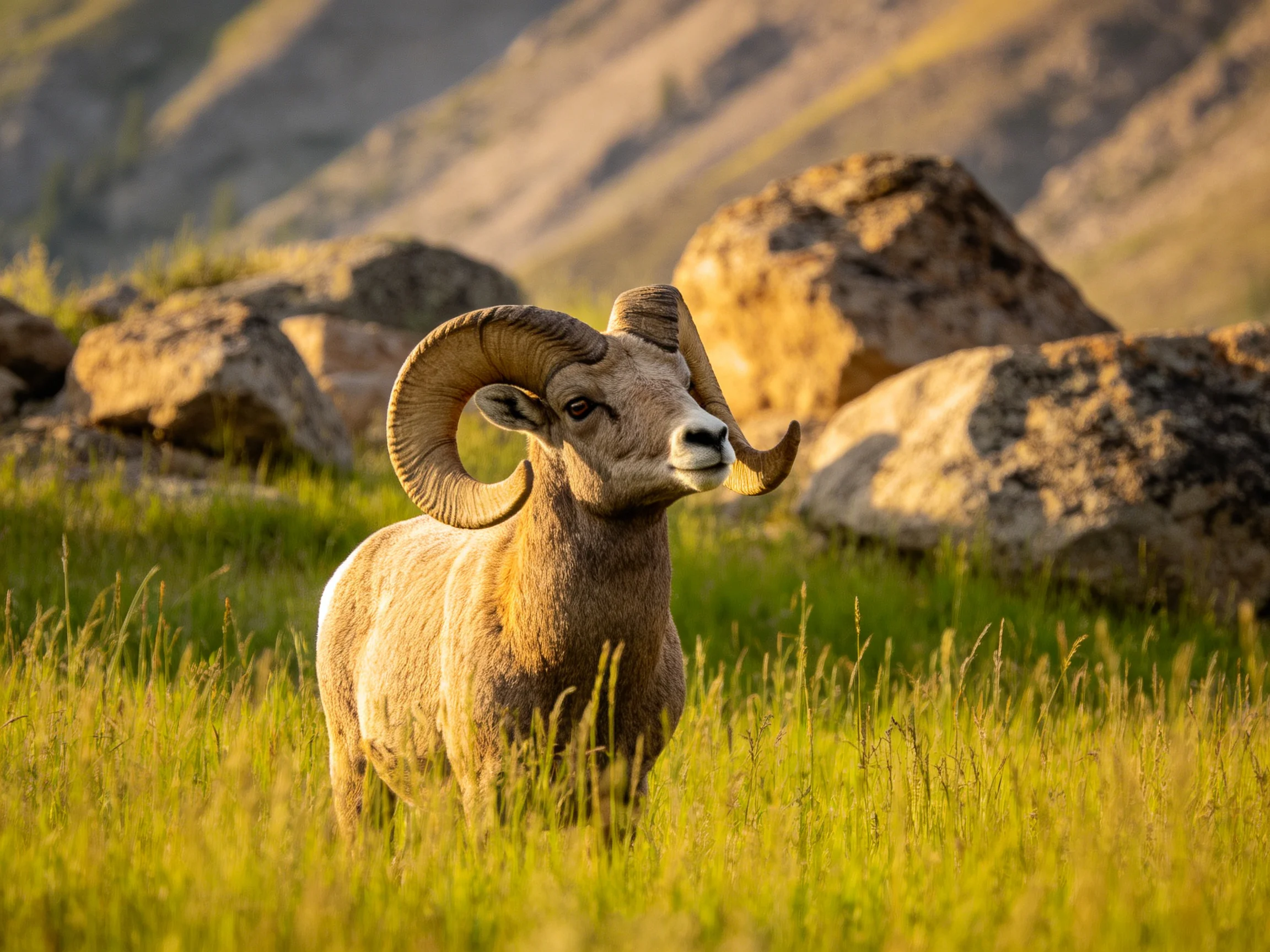 A large brown bighorn ram stands among golden grass and rocky terrain