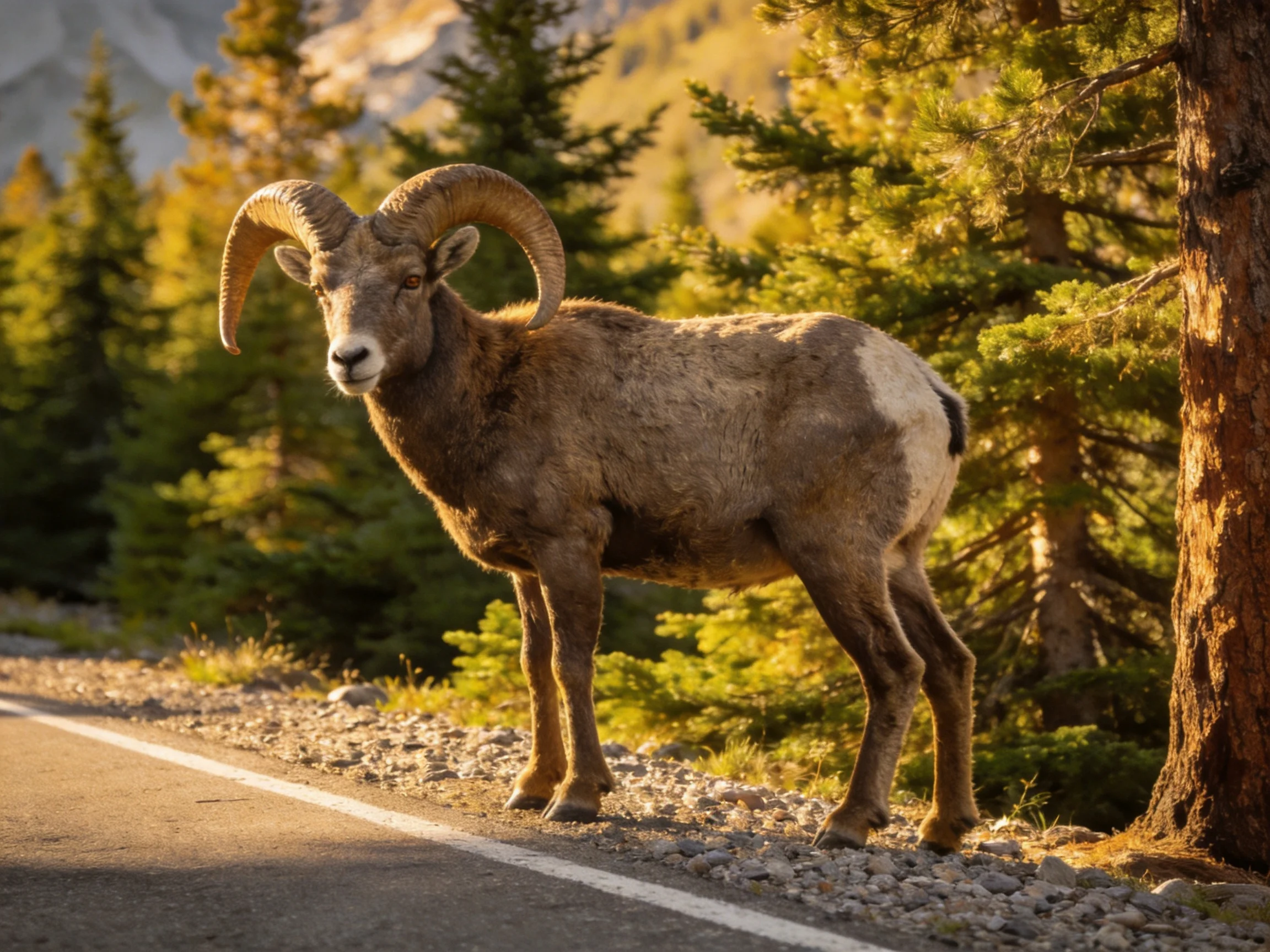 A large brown bighorn ram stands by a forested roadside
