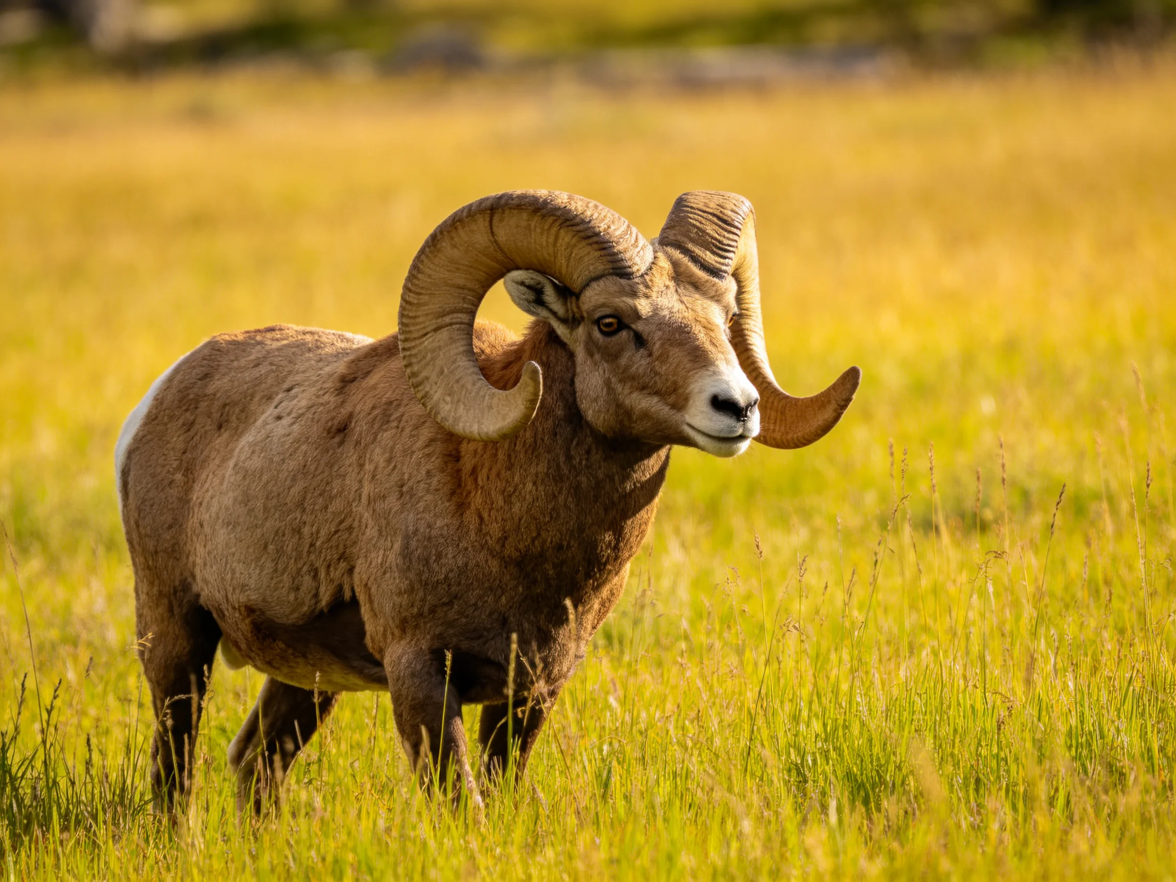 A large brown bighorn ram with curved horns in golden grassland
