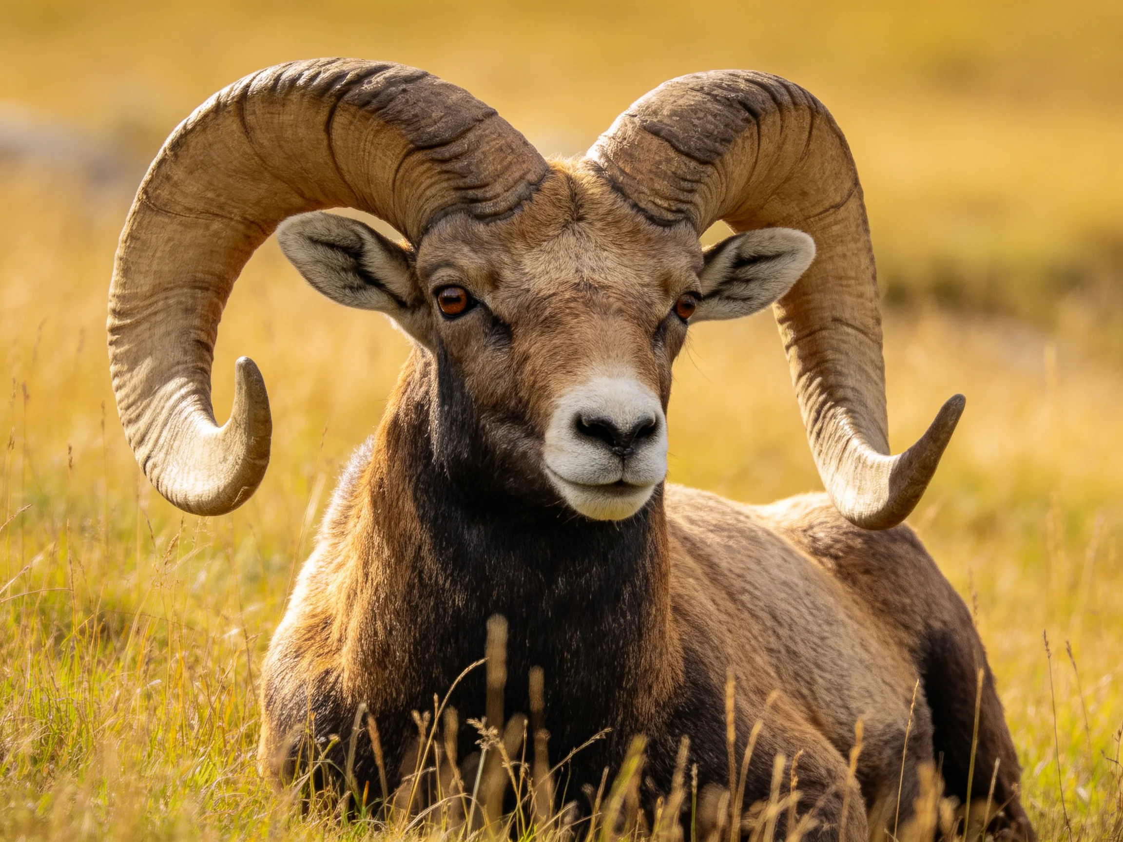A large brown bighorn ram with massive curved horns in golden grassland