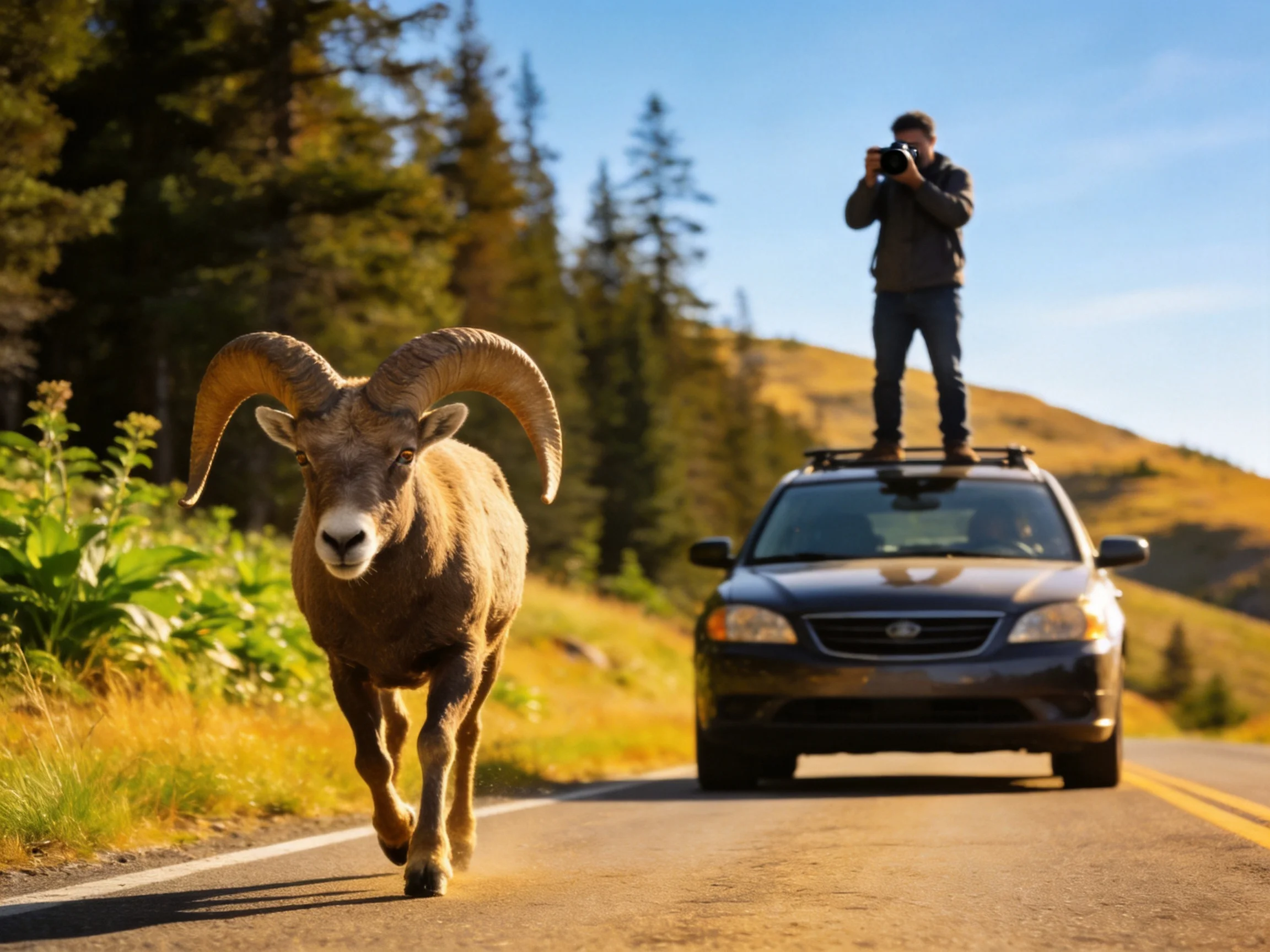 A large brown bighorn sheep crosses a mountain road near a black minivan