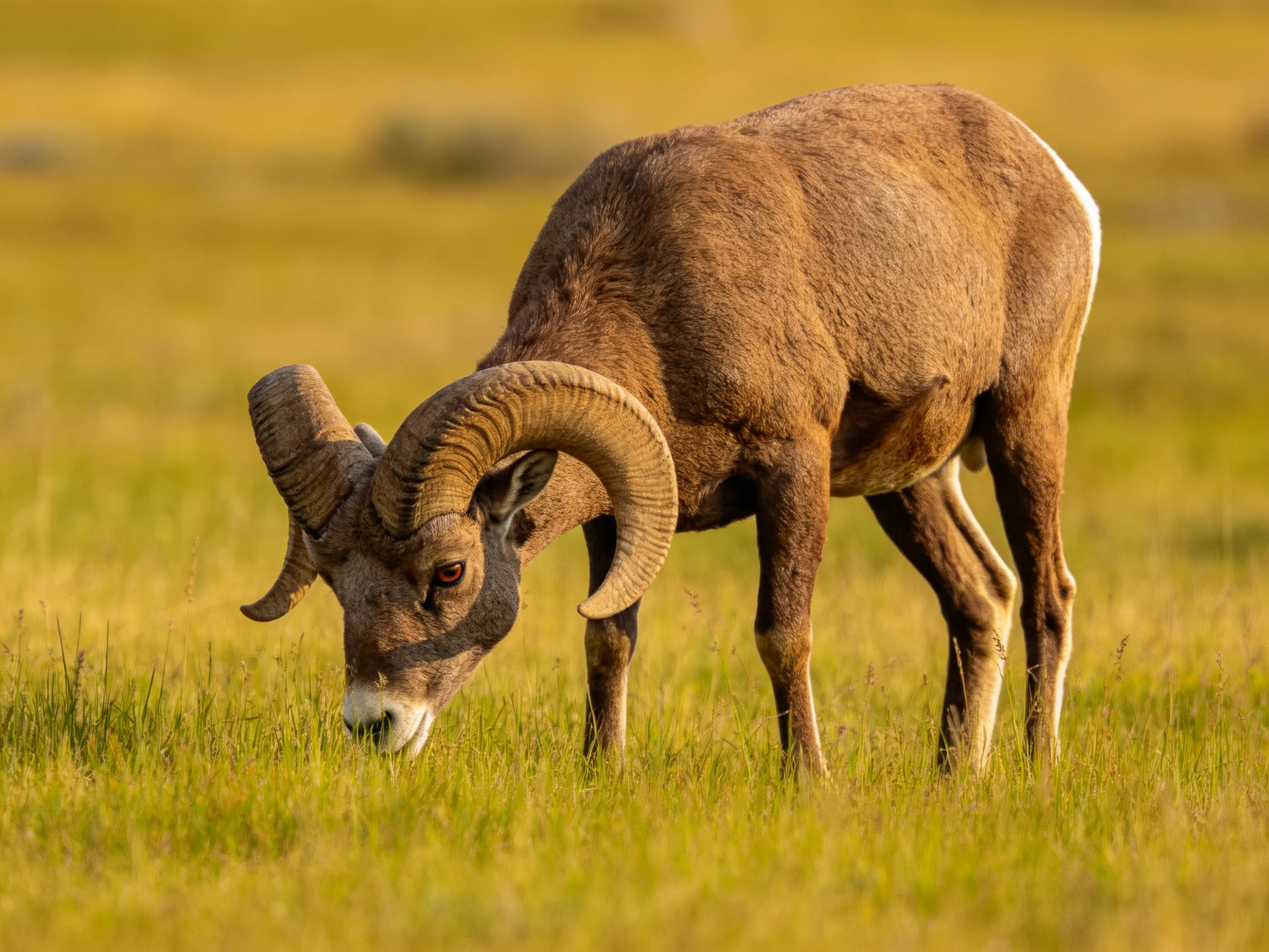 A large brown bighorn sheep grazes in a sunlit meadow