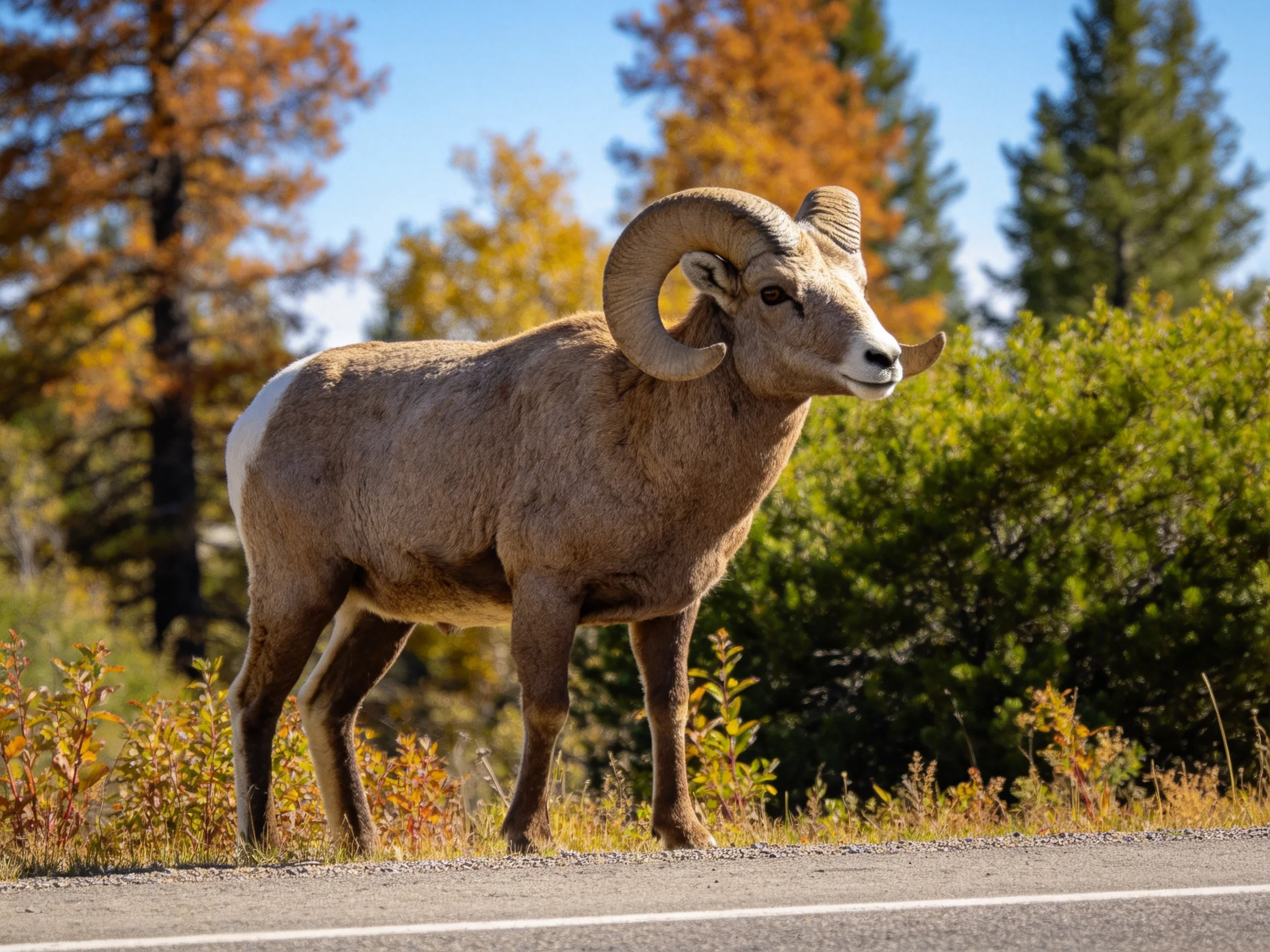A large brown bighorn sheep near a roadside with autumn trees